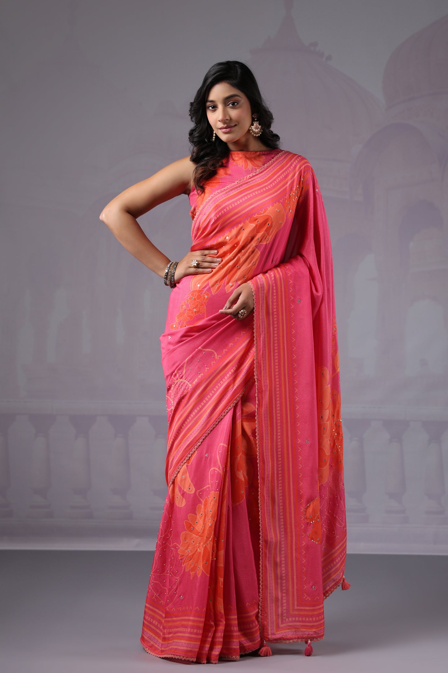 Pink Orange Floral Saree