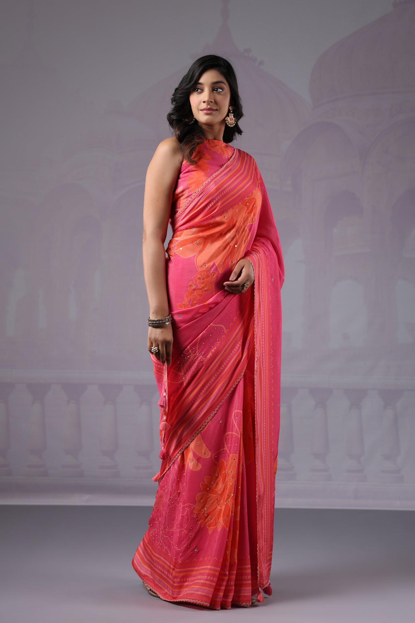 Pink Orange Floral Saree