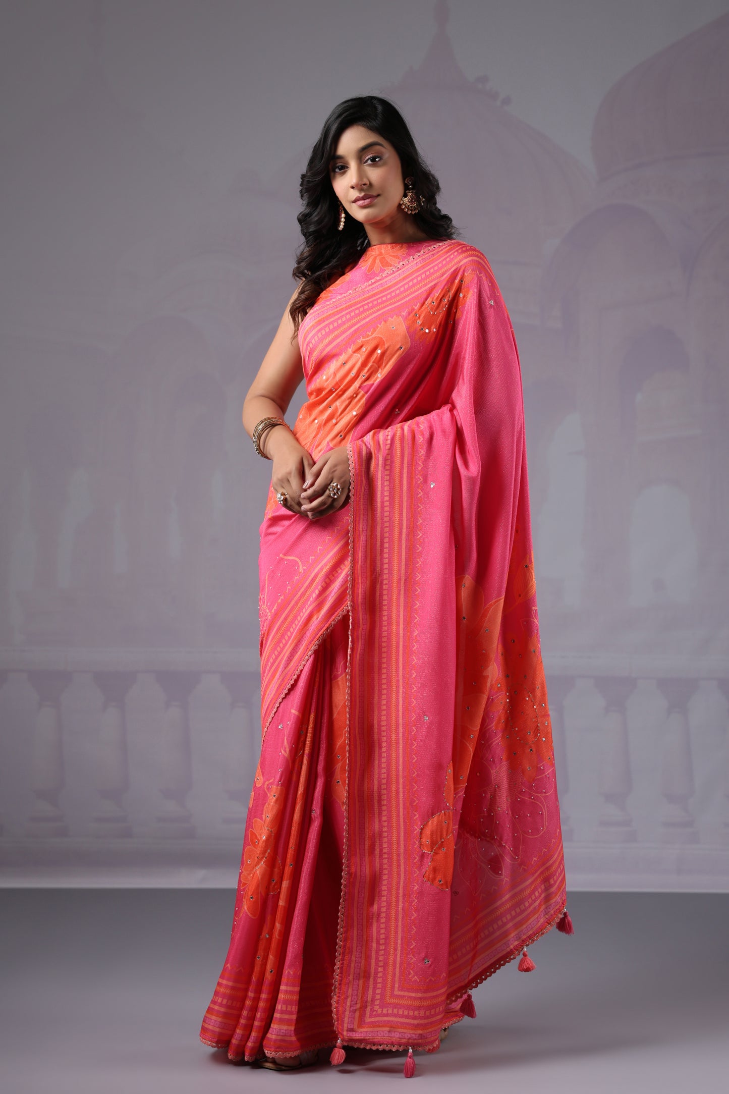 Pink Orange Floral Saree