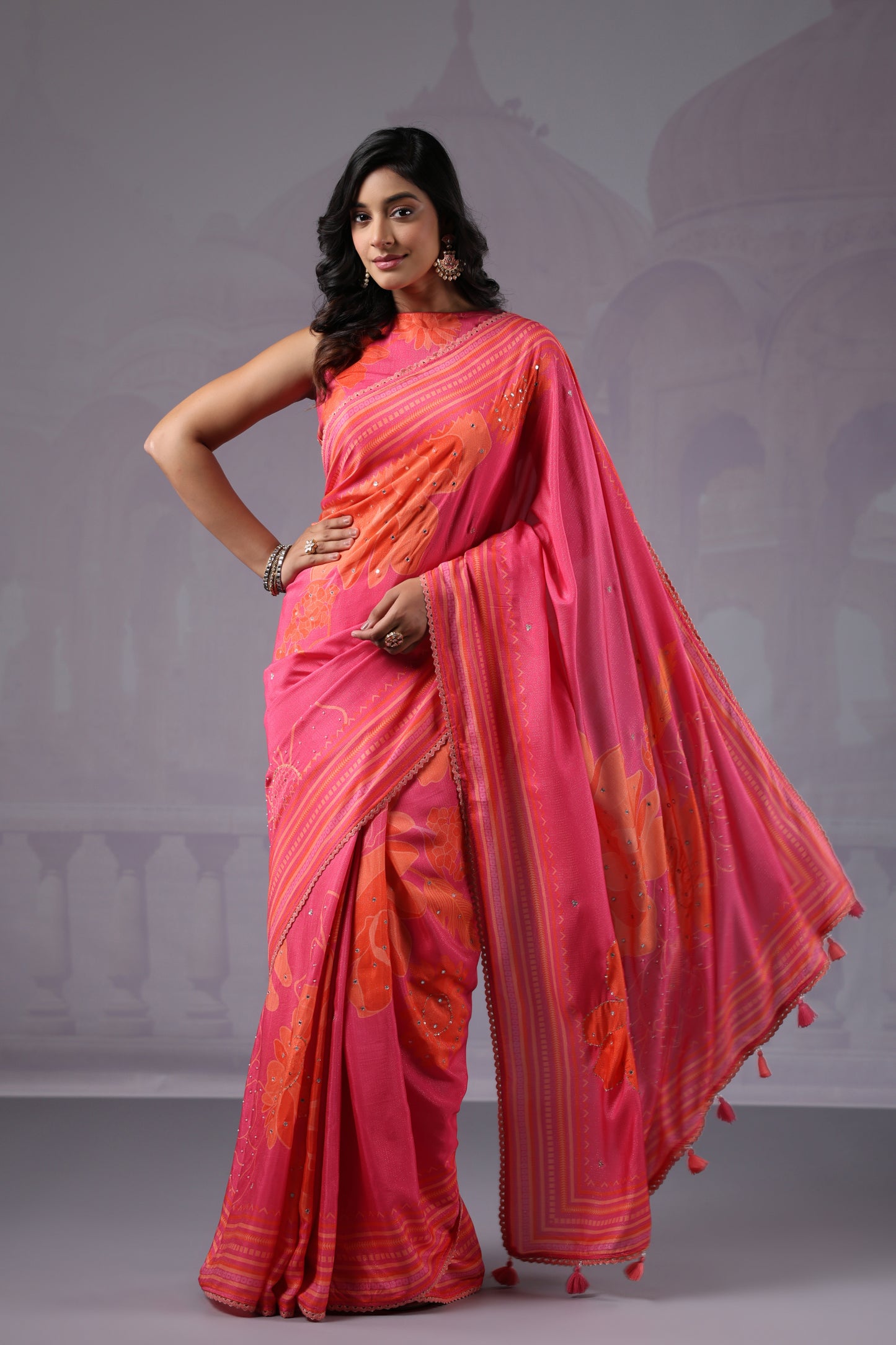 Pink Orange Floral Saree