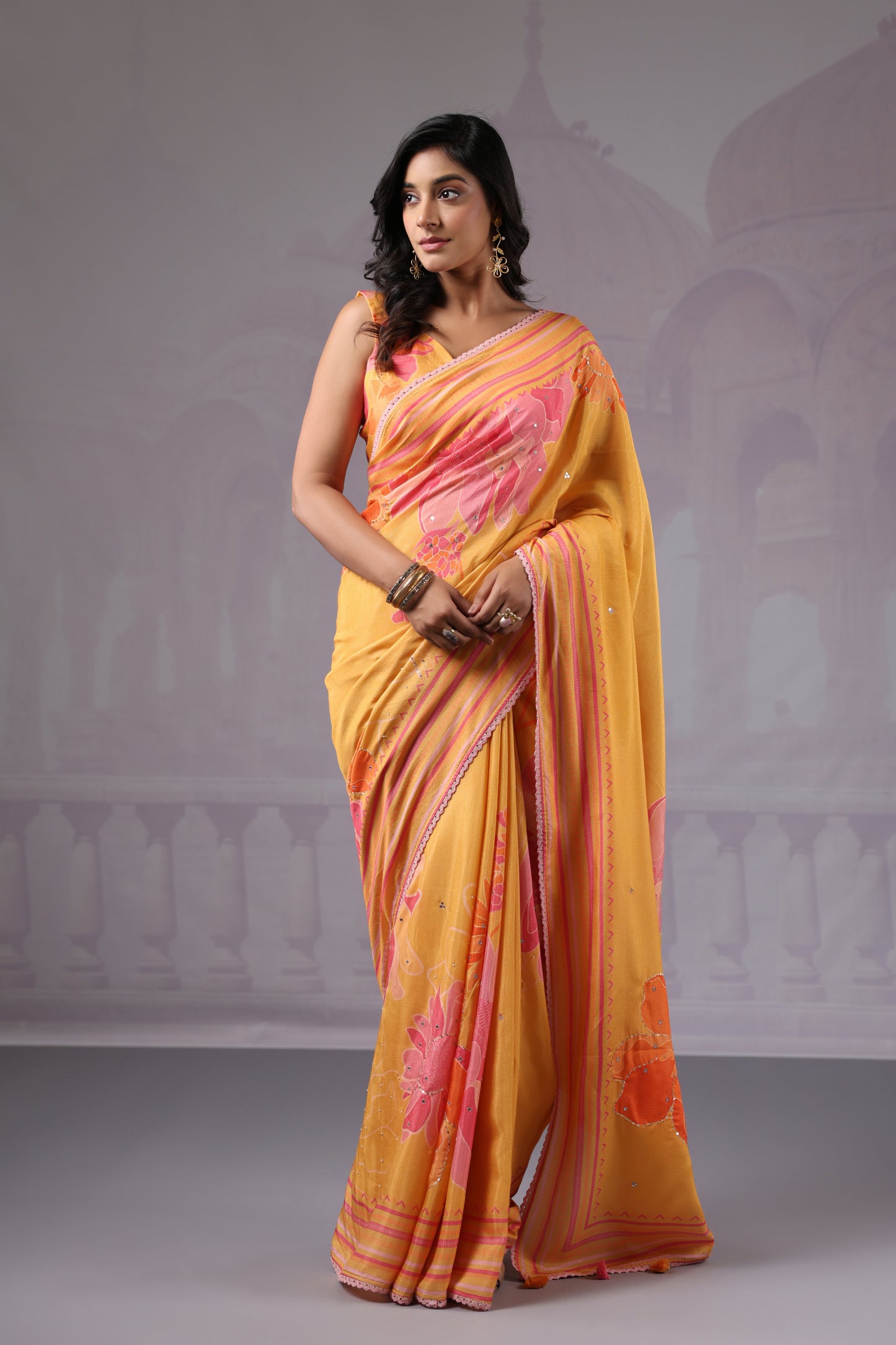 Sunshine Yellow Floral printed Saree