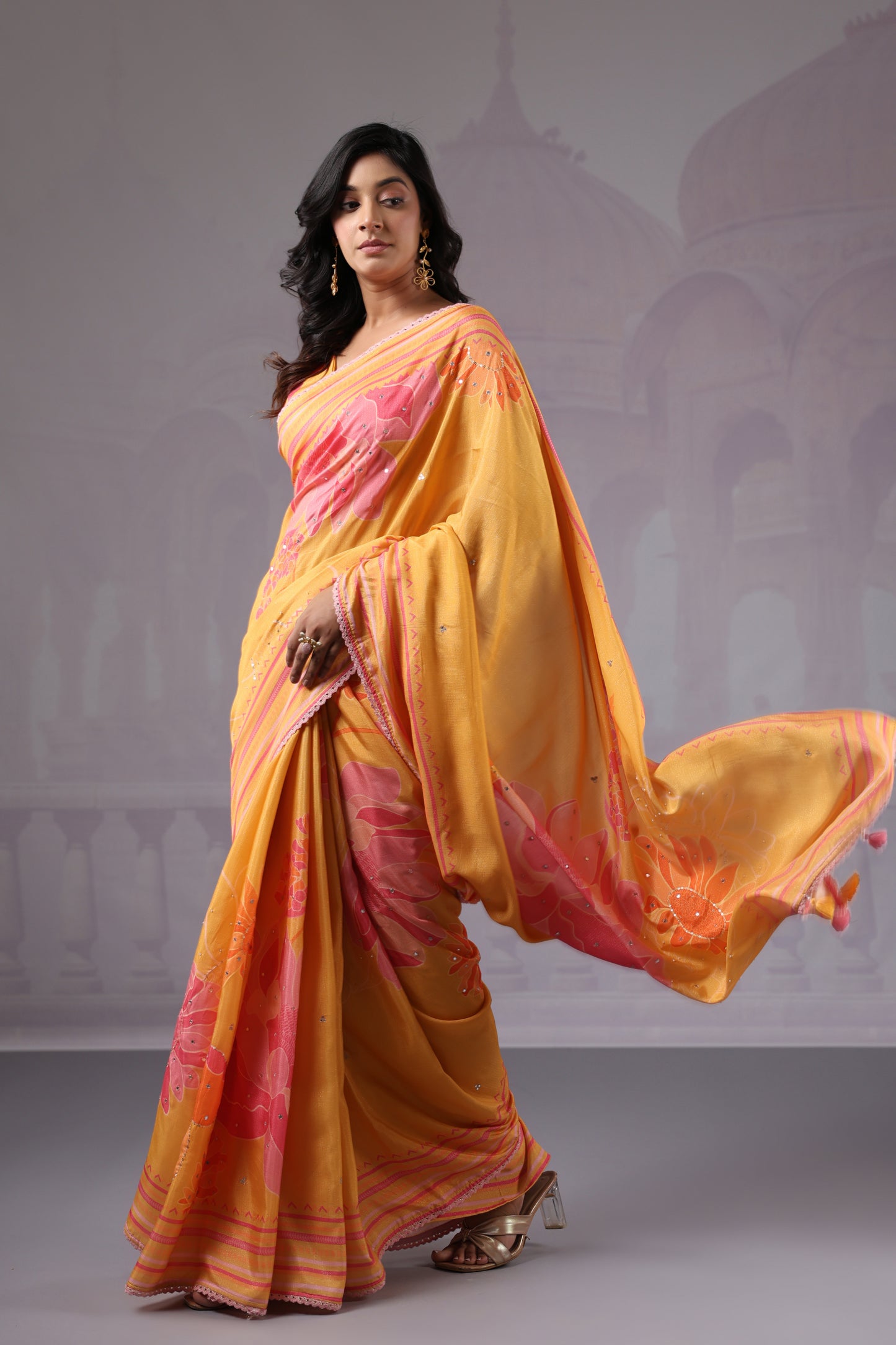 Sunshine Yellow Floral printed Saree