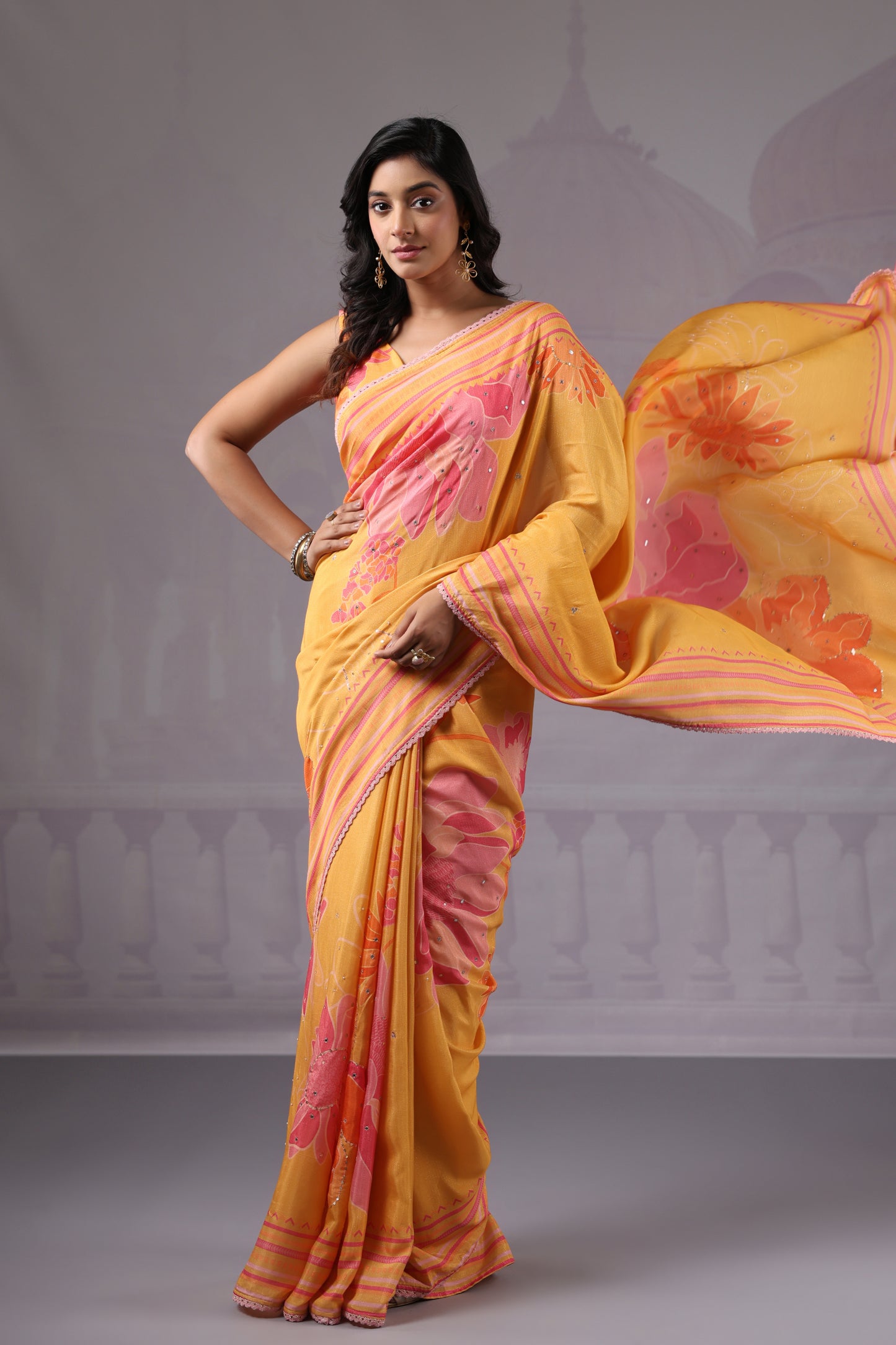 Sunshine Yellow Floral printed Saree