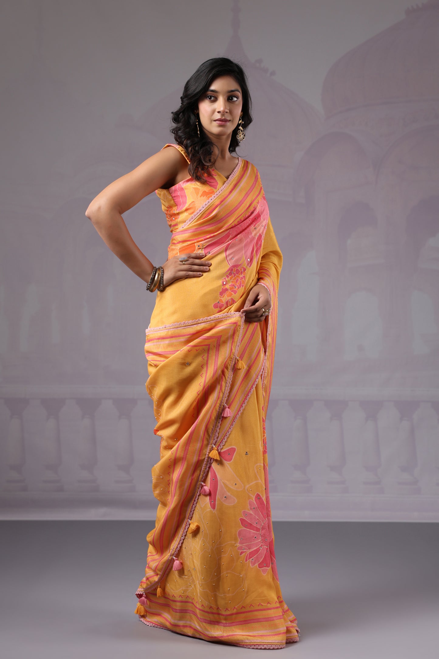 Sunshine Yellow Floral printed Saree