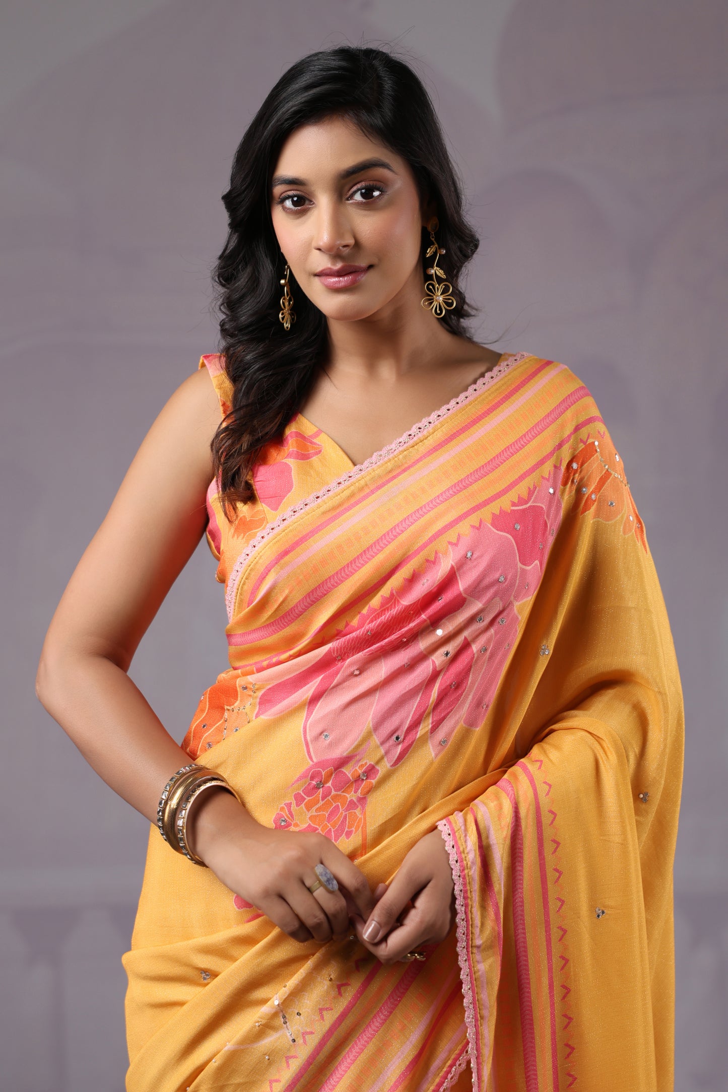 Sunshine Yellow Floral printed Saree