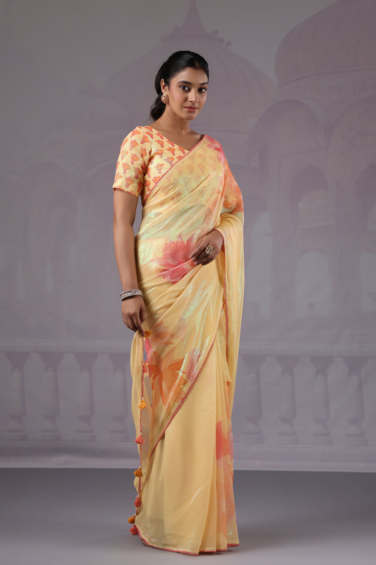 Lemon Yellow Floral Saree
