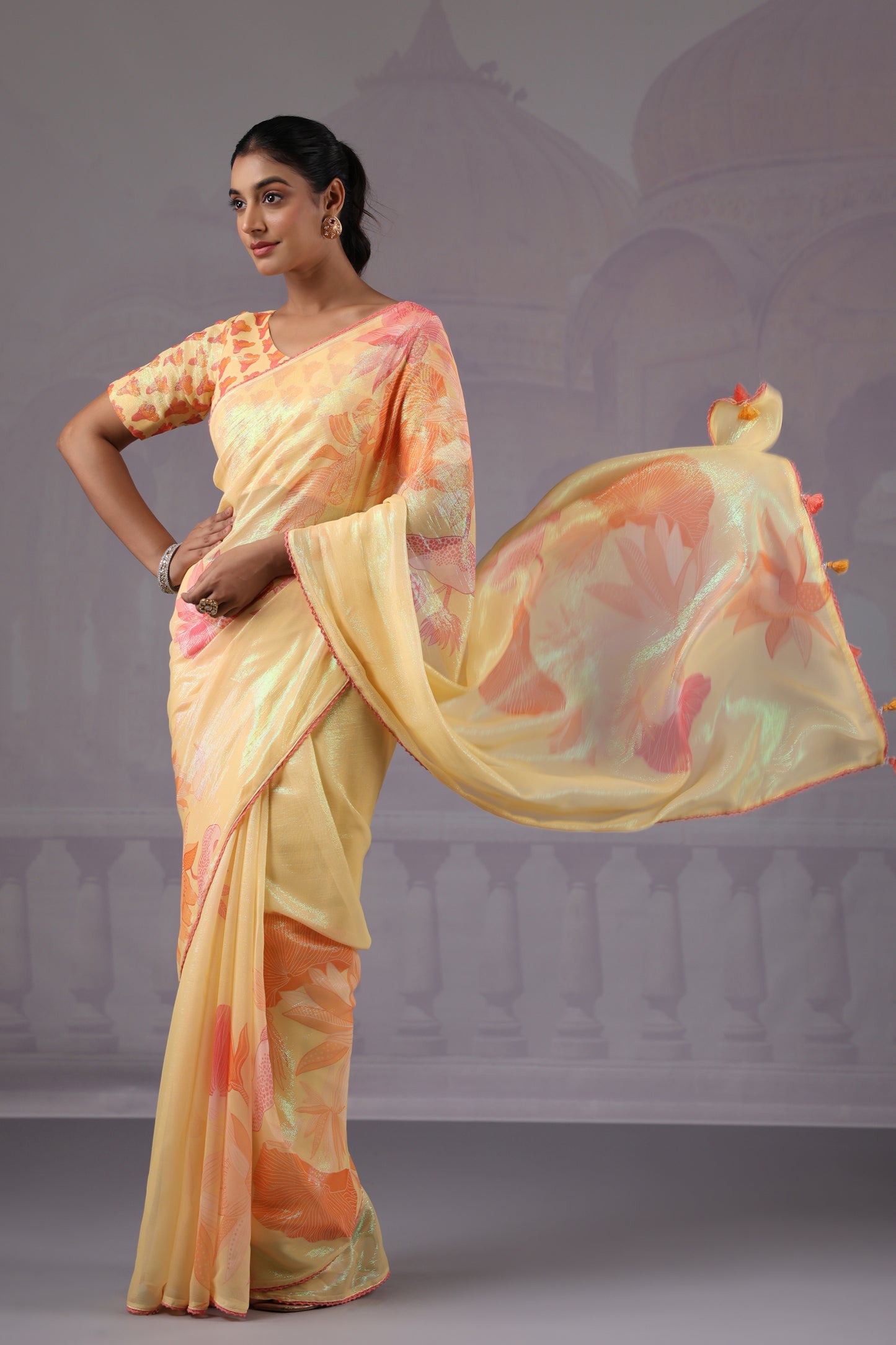 Lemon Yellow Floral Saree