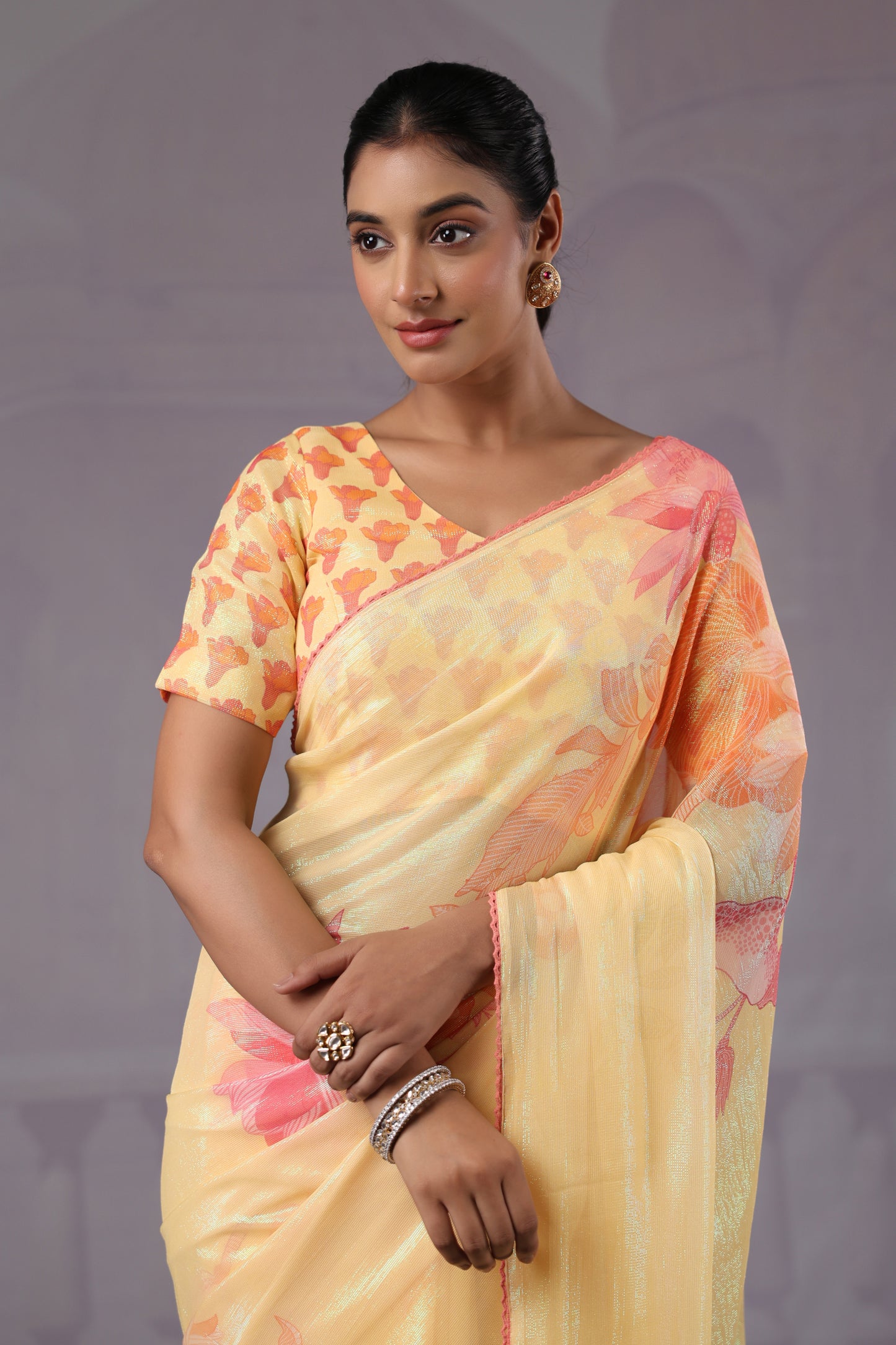 Lemon Yellow Floral Saree