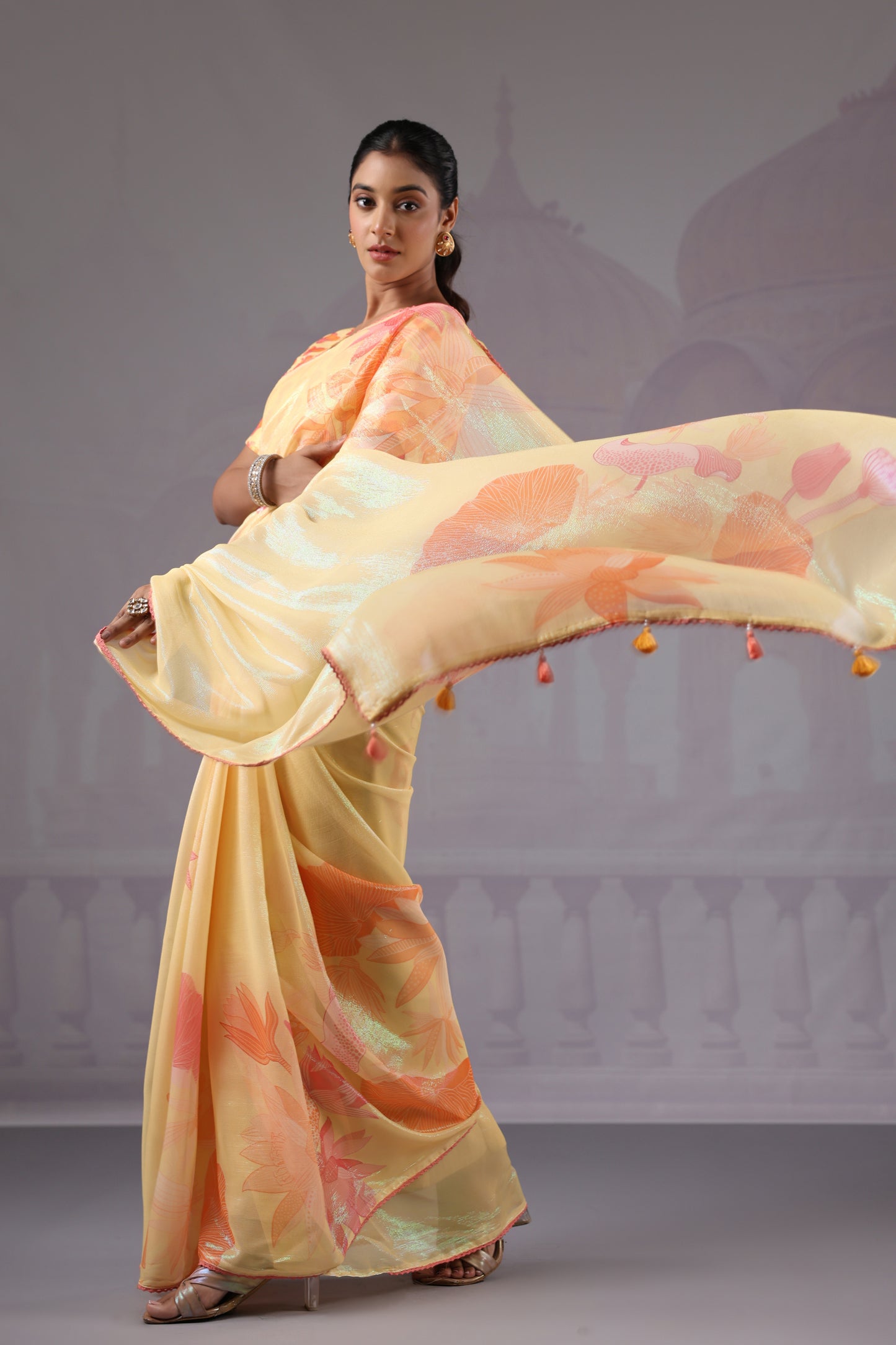 Lemon Yellow Floral Saree