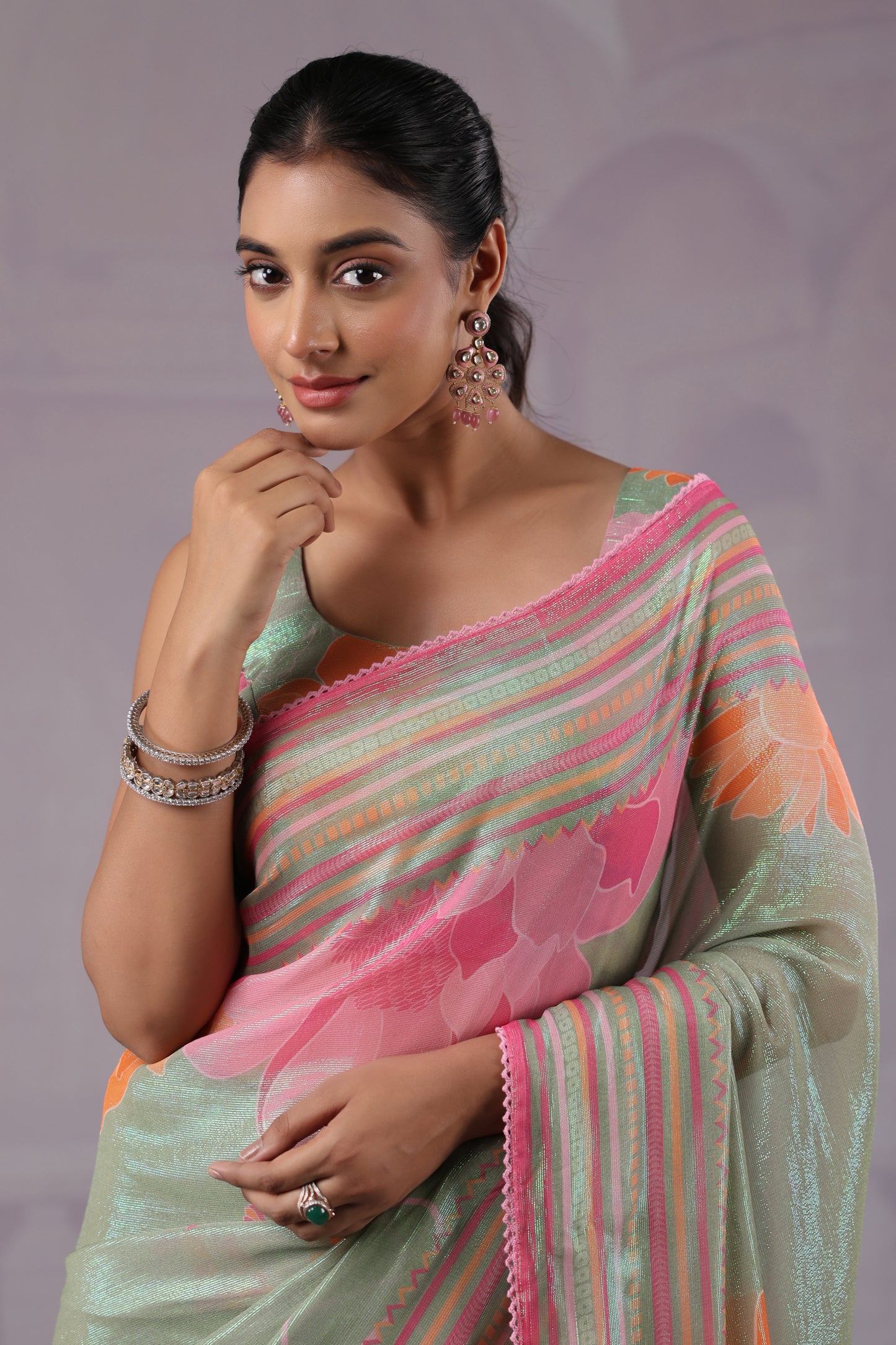 Sage Green Floral Saree