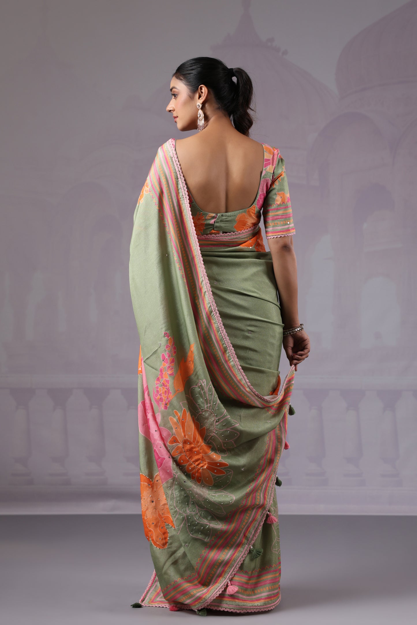 Sage Green Floral Muslin Silk Saree
