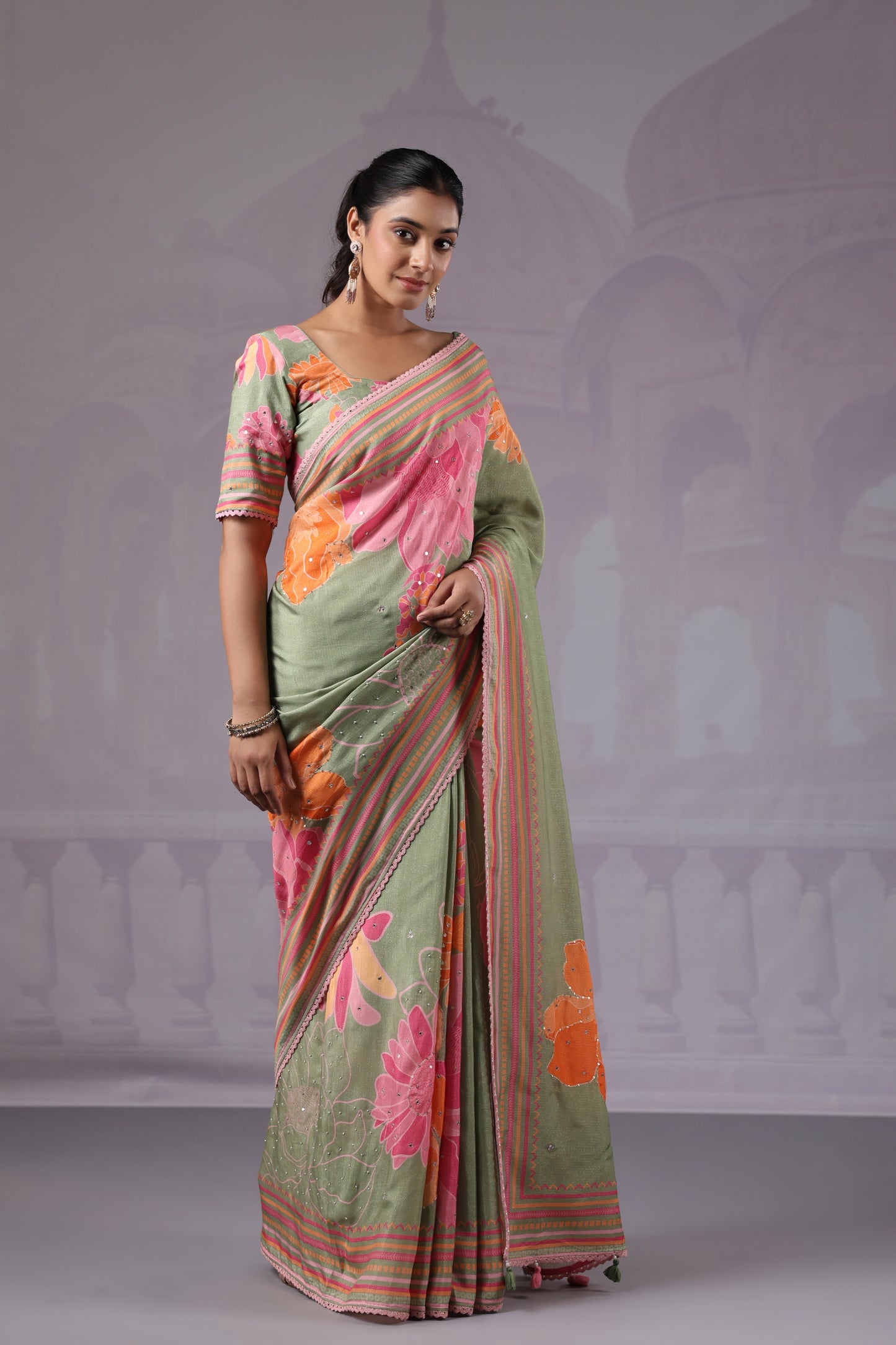 Sage Green Floral Muslin Silk Saree