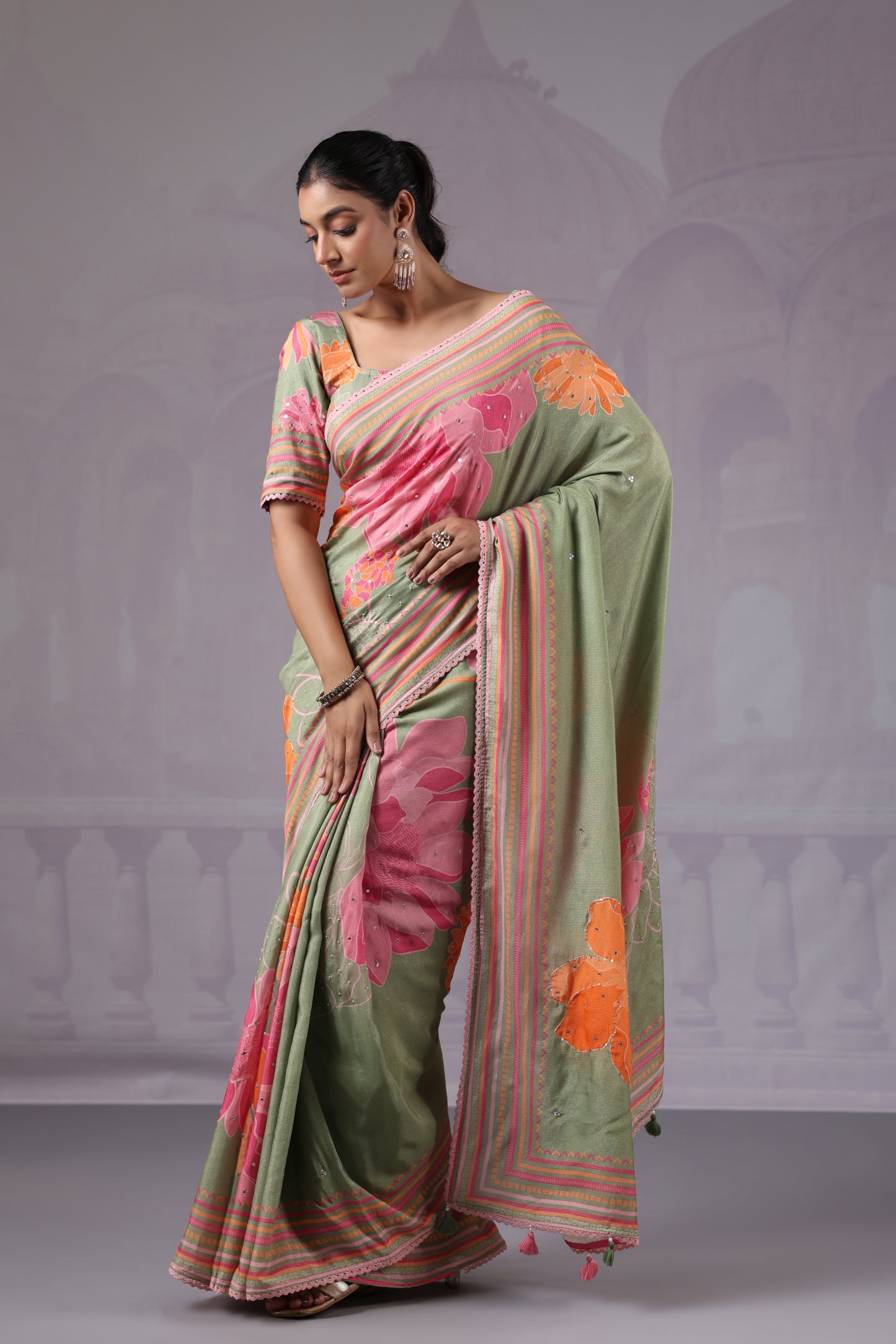 Sage Green Floral Muslin Silk Saree