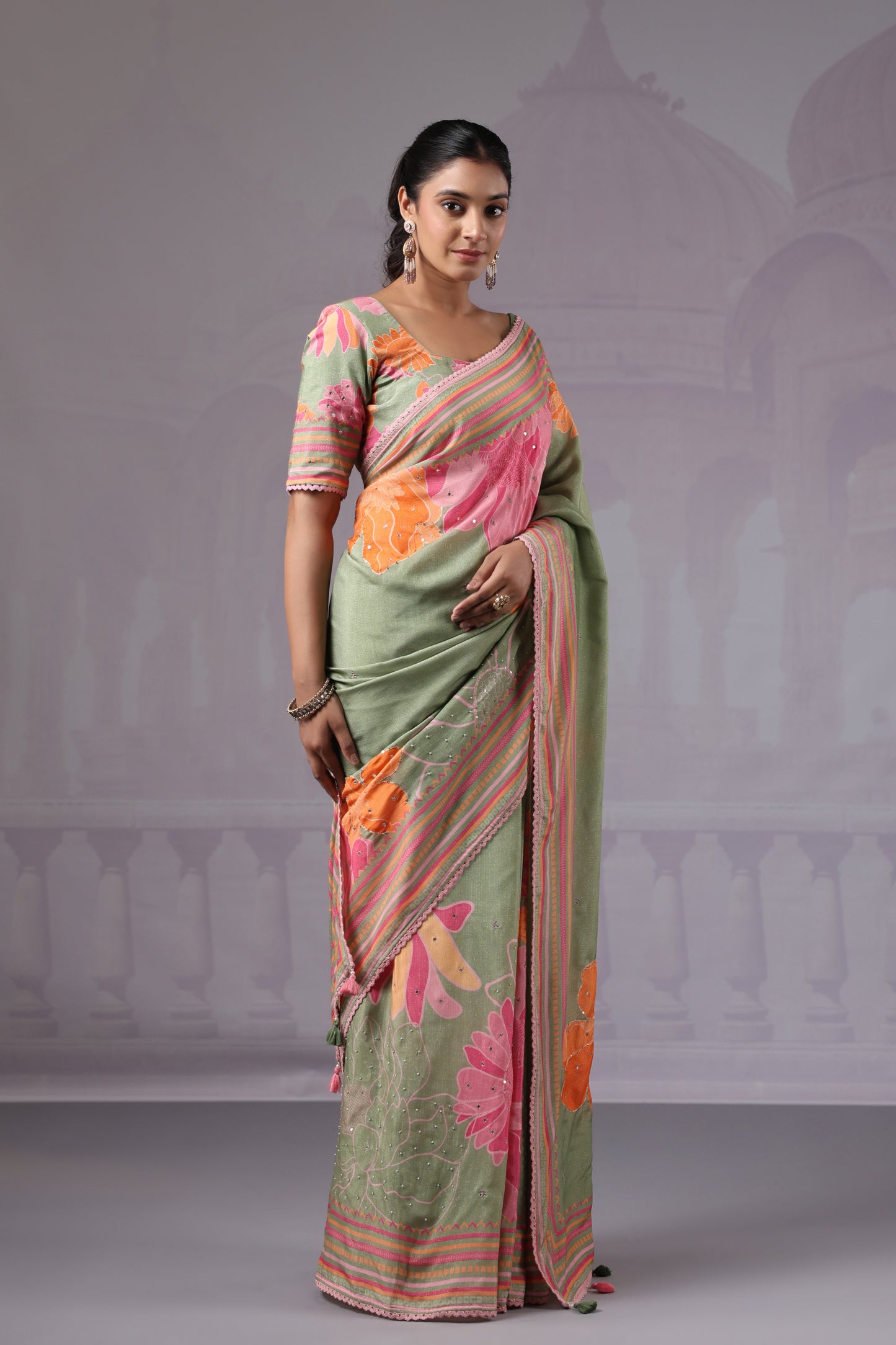 Sage Green Floral Muslin Silk Saree