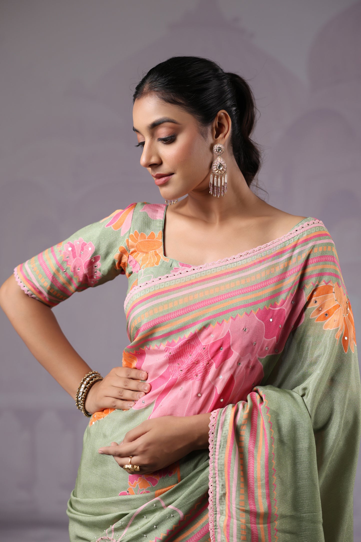 Sage Green Floral Muslin Silk Saree