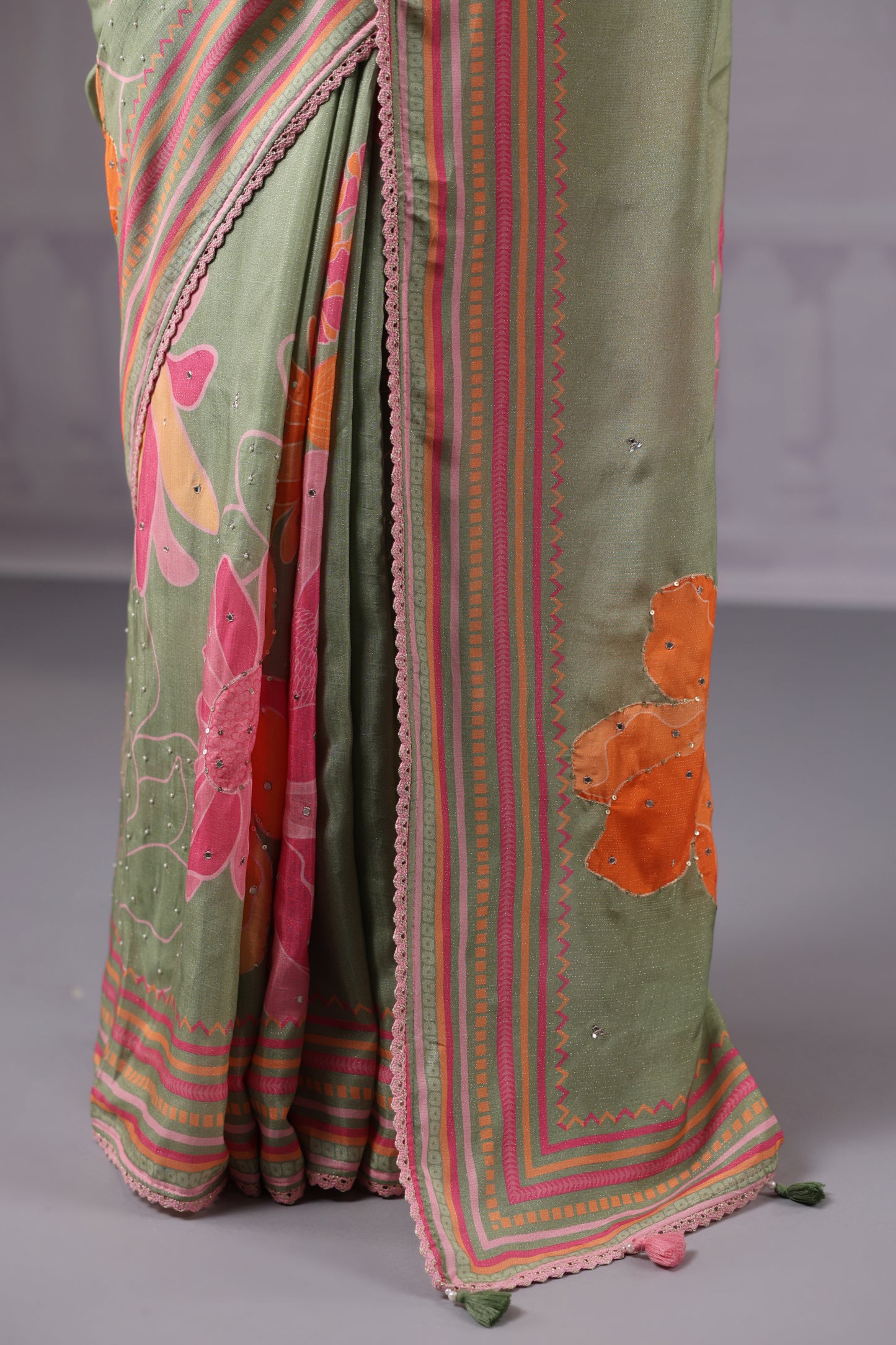 Sage Green Floral Muslin Silk Saree