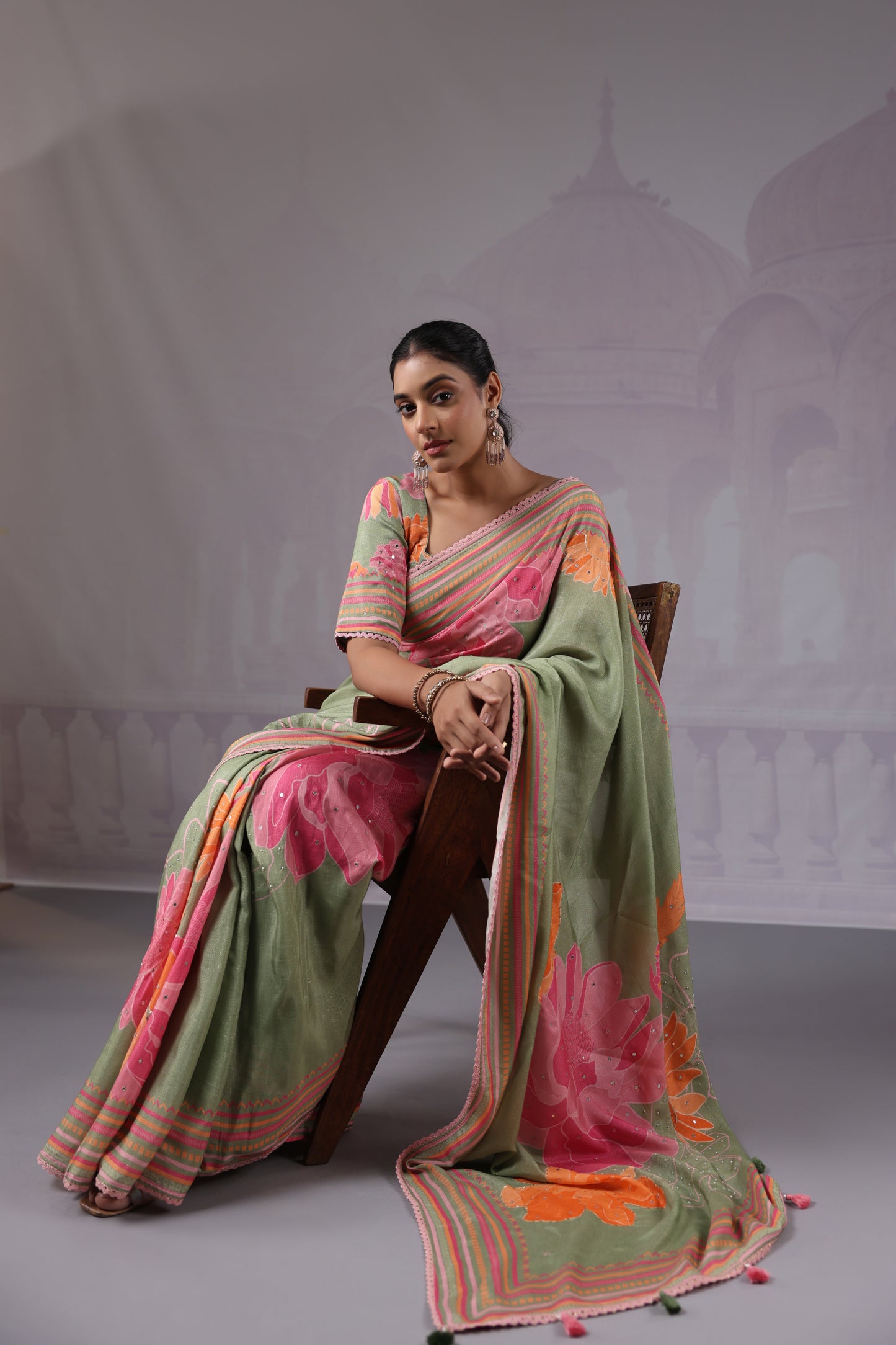 Sage Green Floral Muslin Silk Saree