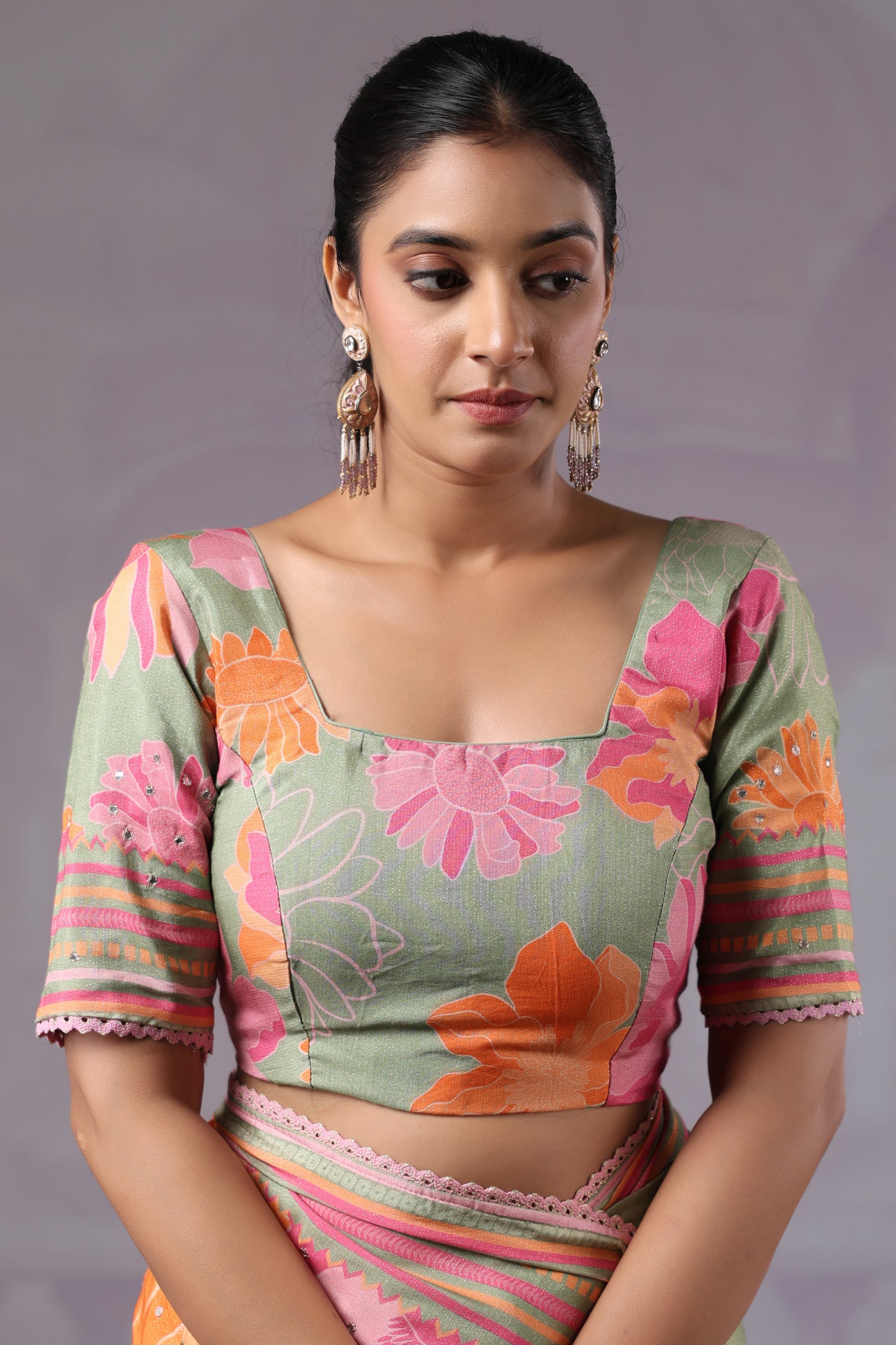 Sage Green Floral Muslin Silk Saree