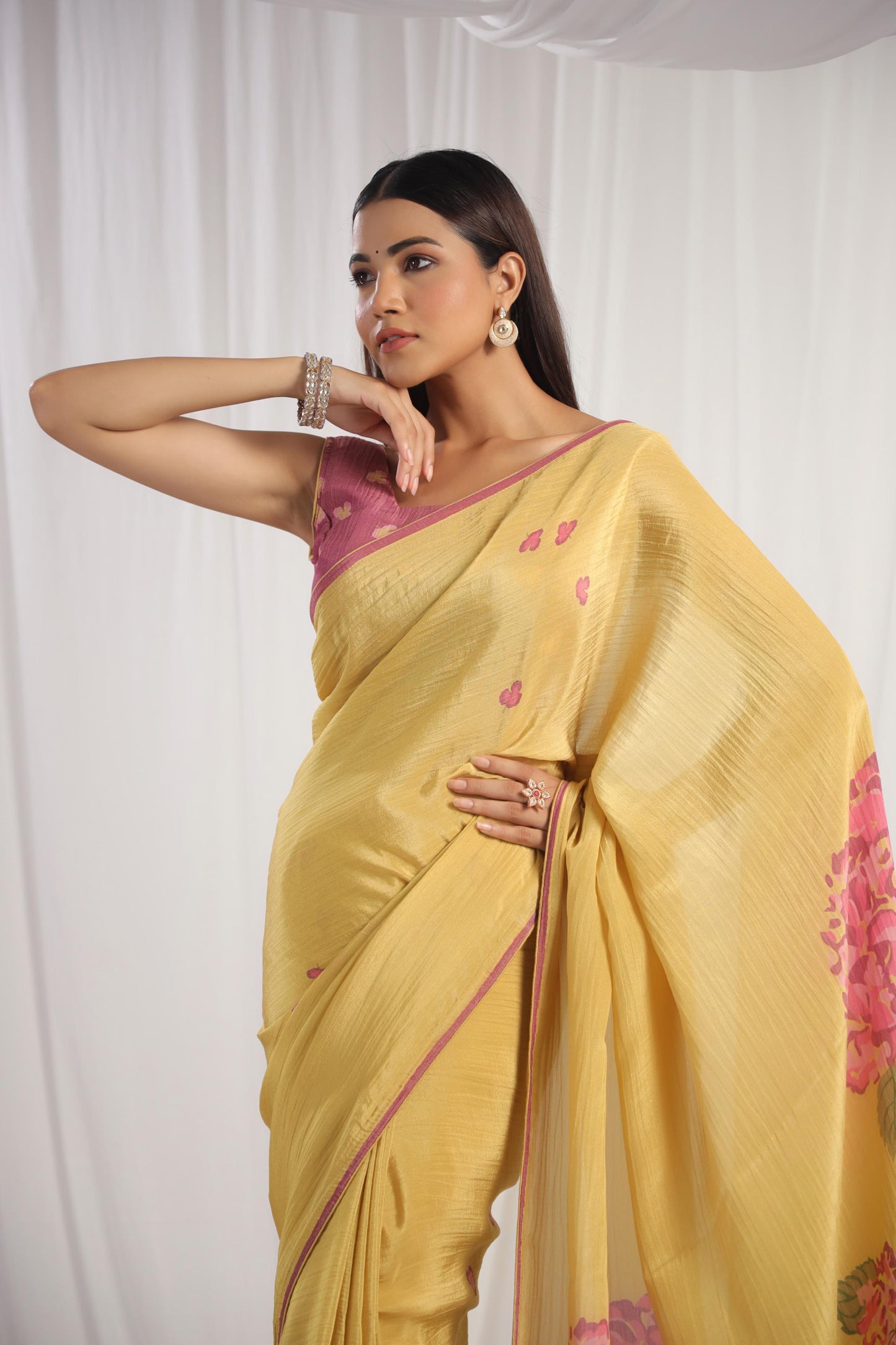 Lemon Yellow Floral printed Saree