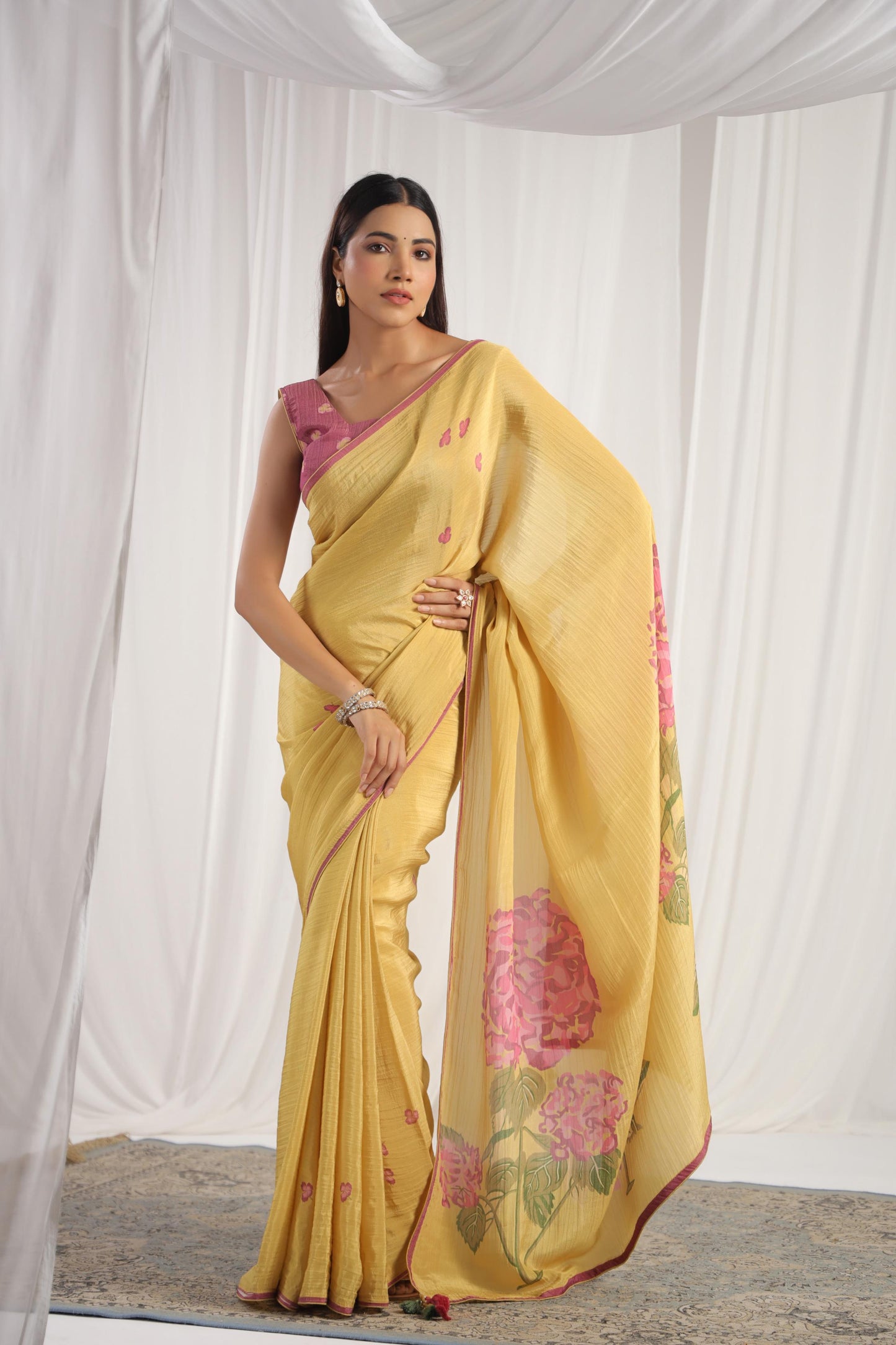 Lemon Yellow Floral printed Saree