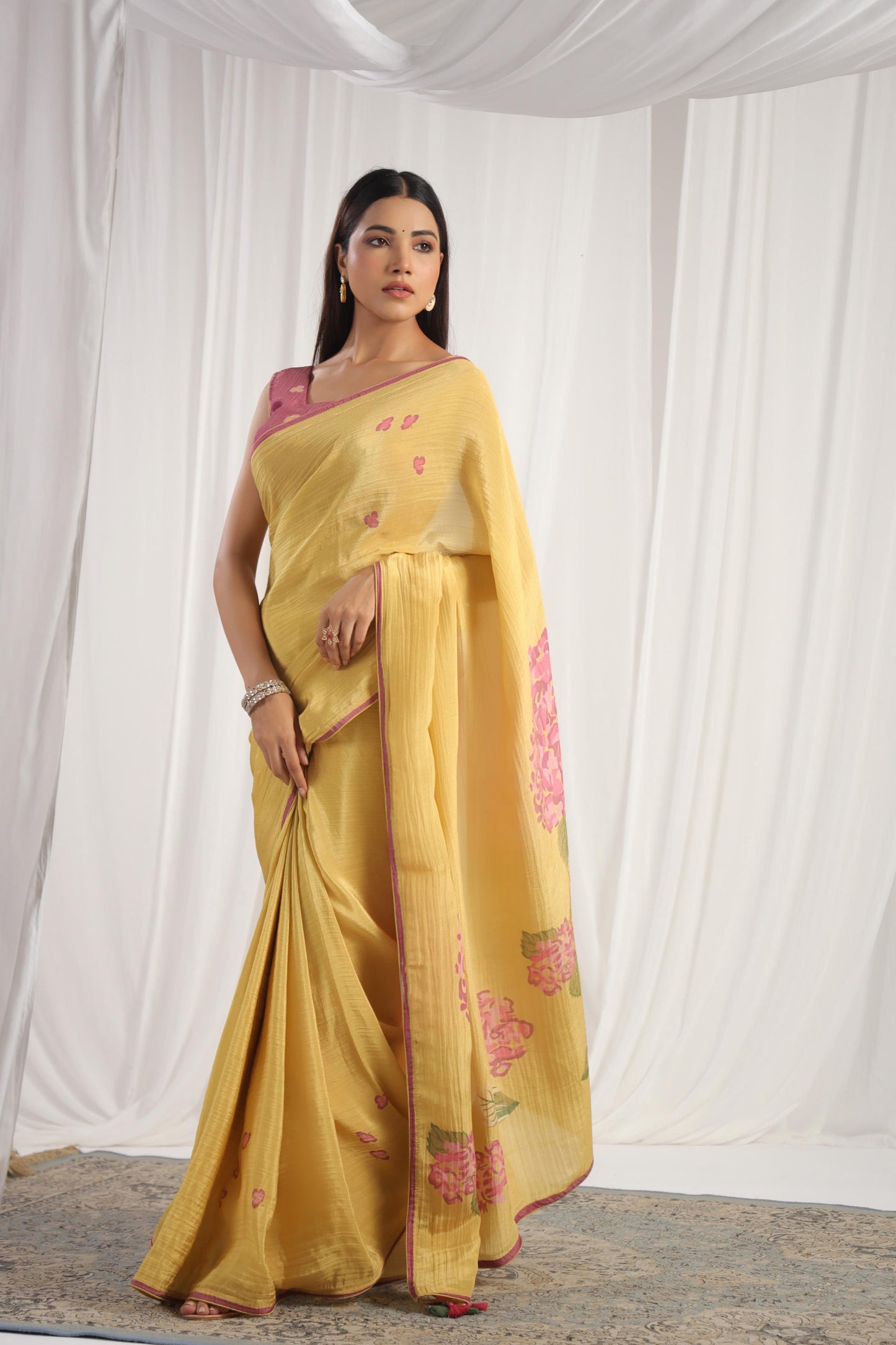 Lemon Yellow Floral printed Saree