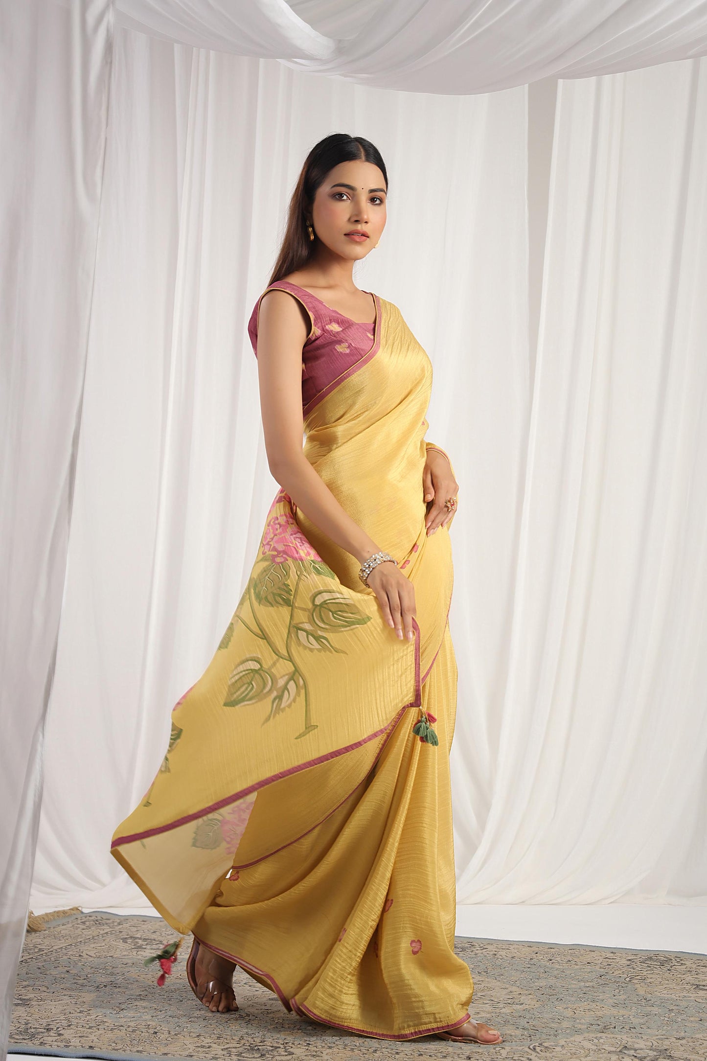 Lemon Yellow Floral printed Saree