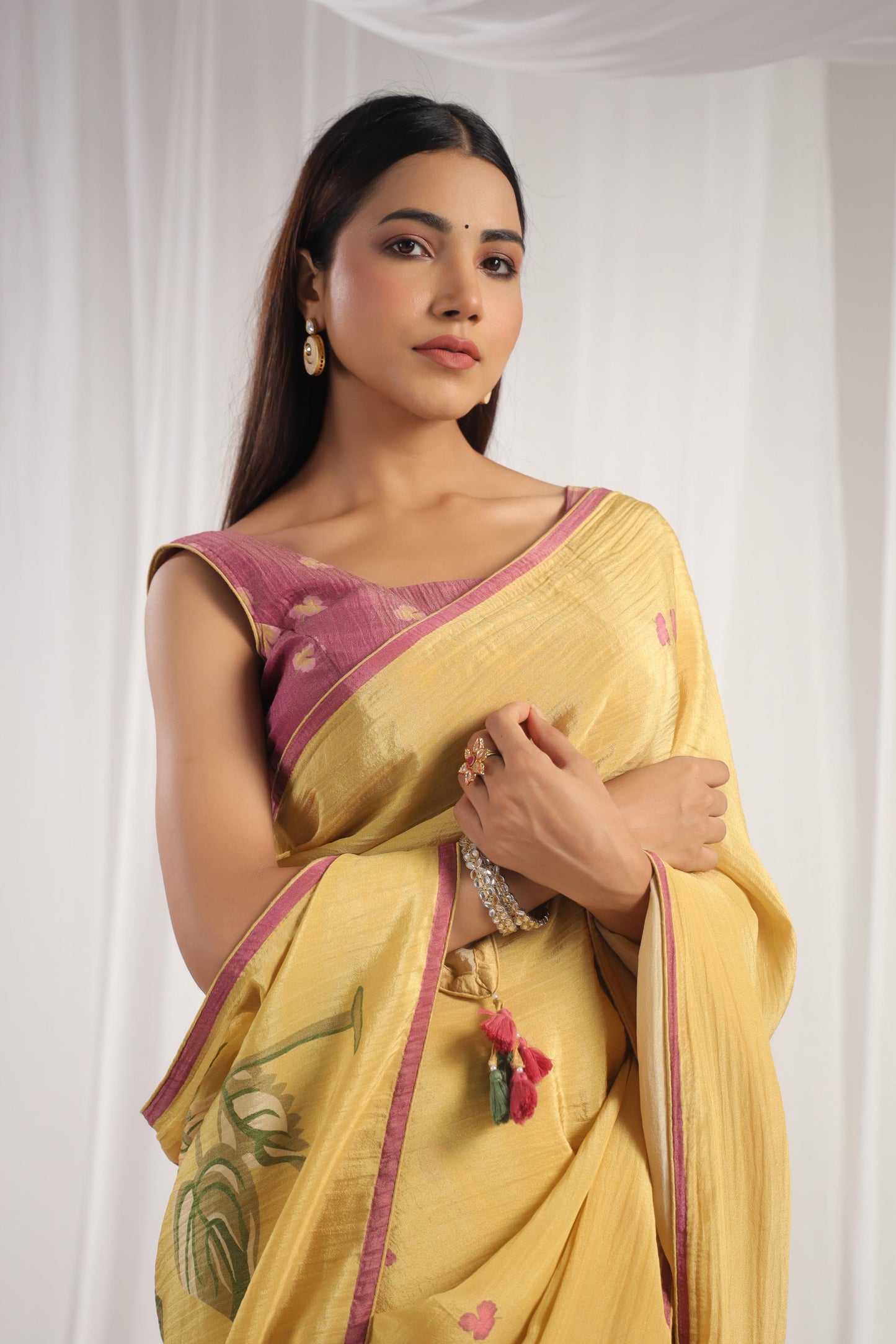 Lemon Yellow Floral printed Saree