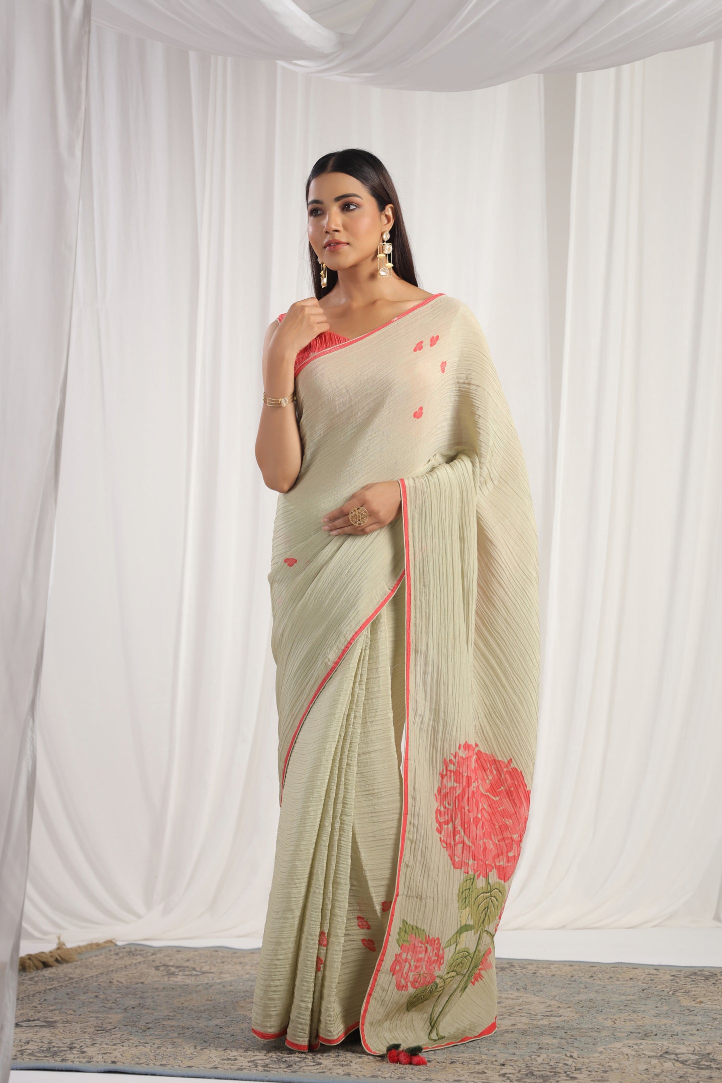 Pastel Olive Green Floral printed Saree