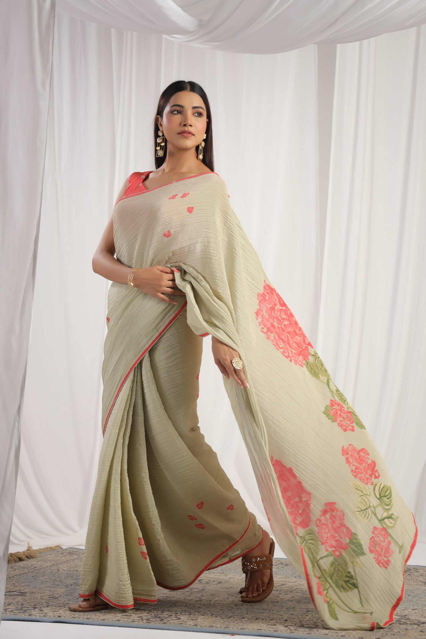 Pastel Olive Green Floral printed Saree