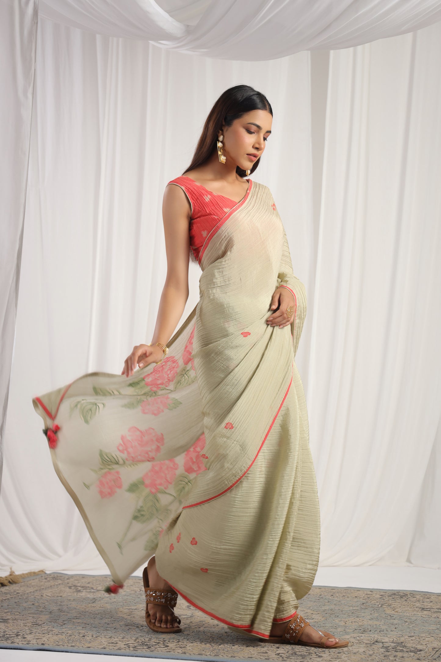 Pastel Olive Green Floral printed Saree