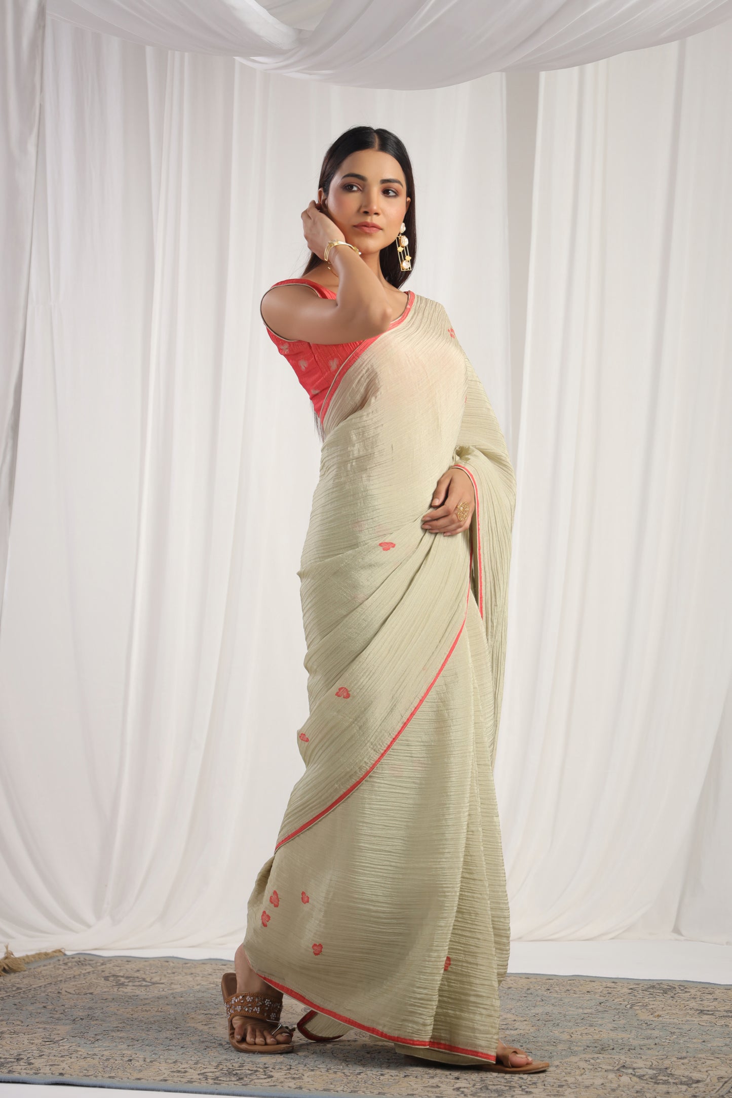 Pastel Olive Green Floral printed Saree