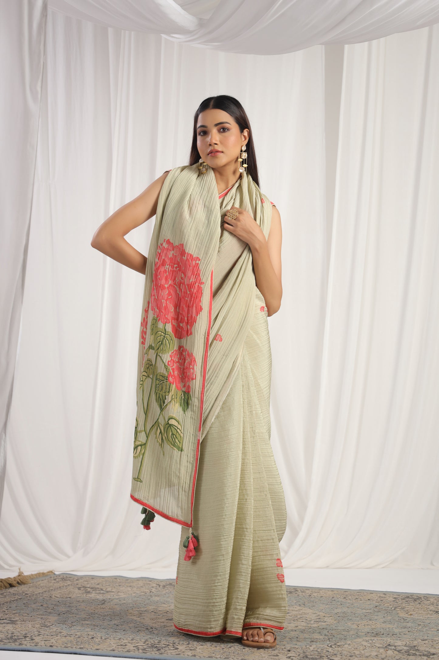 Pastel Olive Green Floral printed Saree