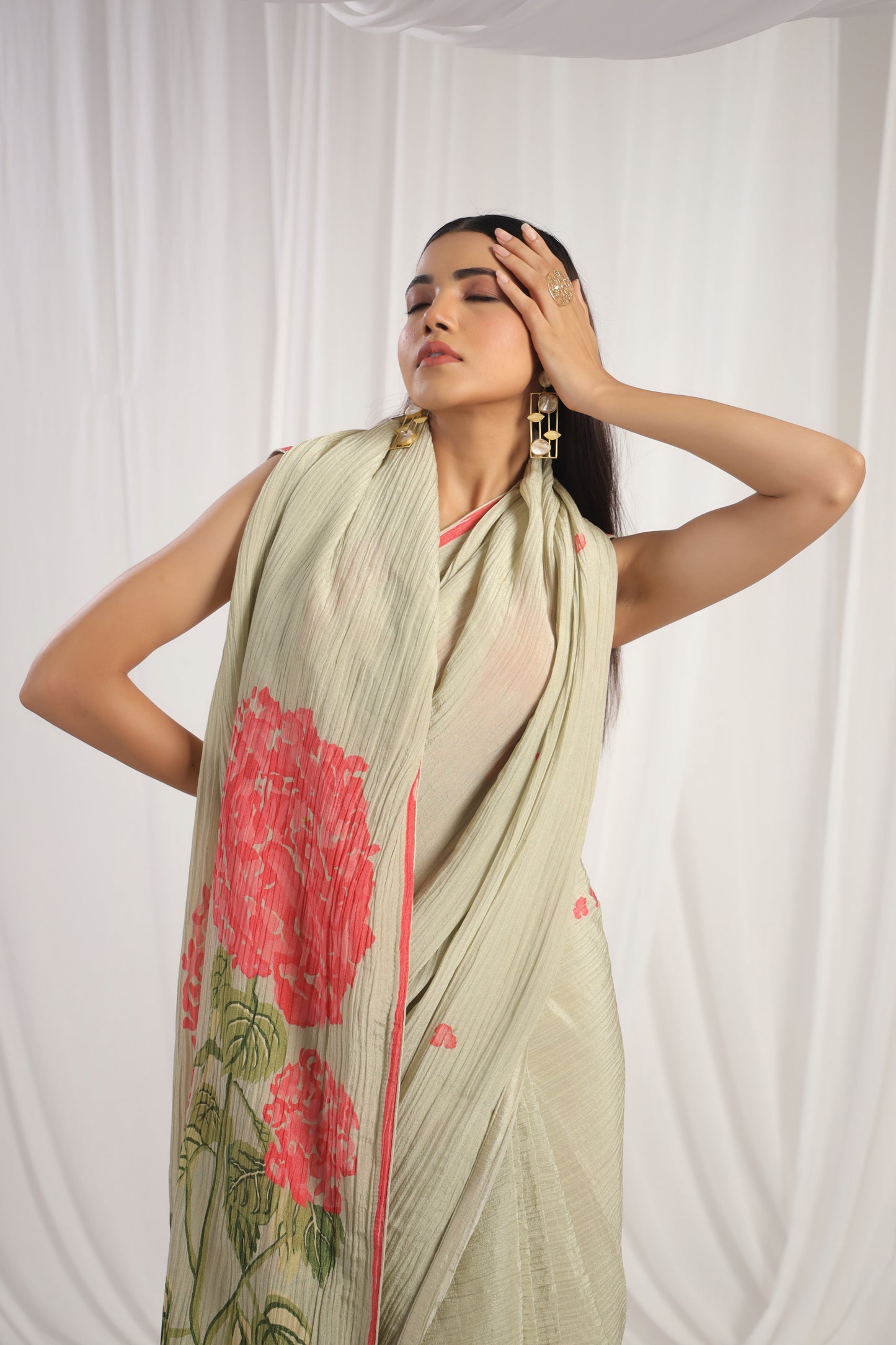 Pastel Olive Green Floral printed Saree