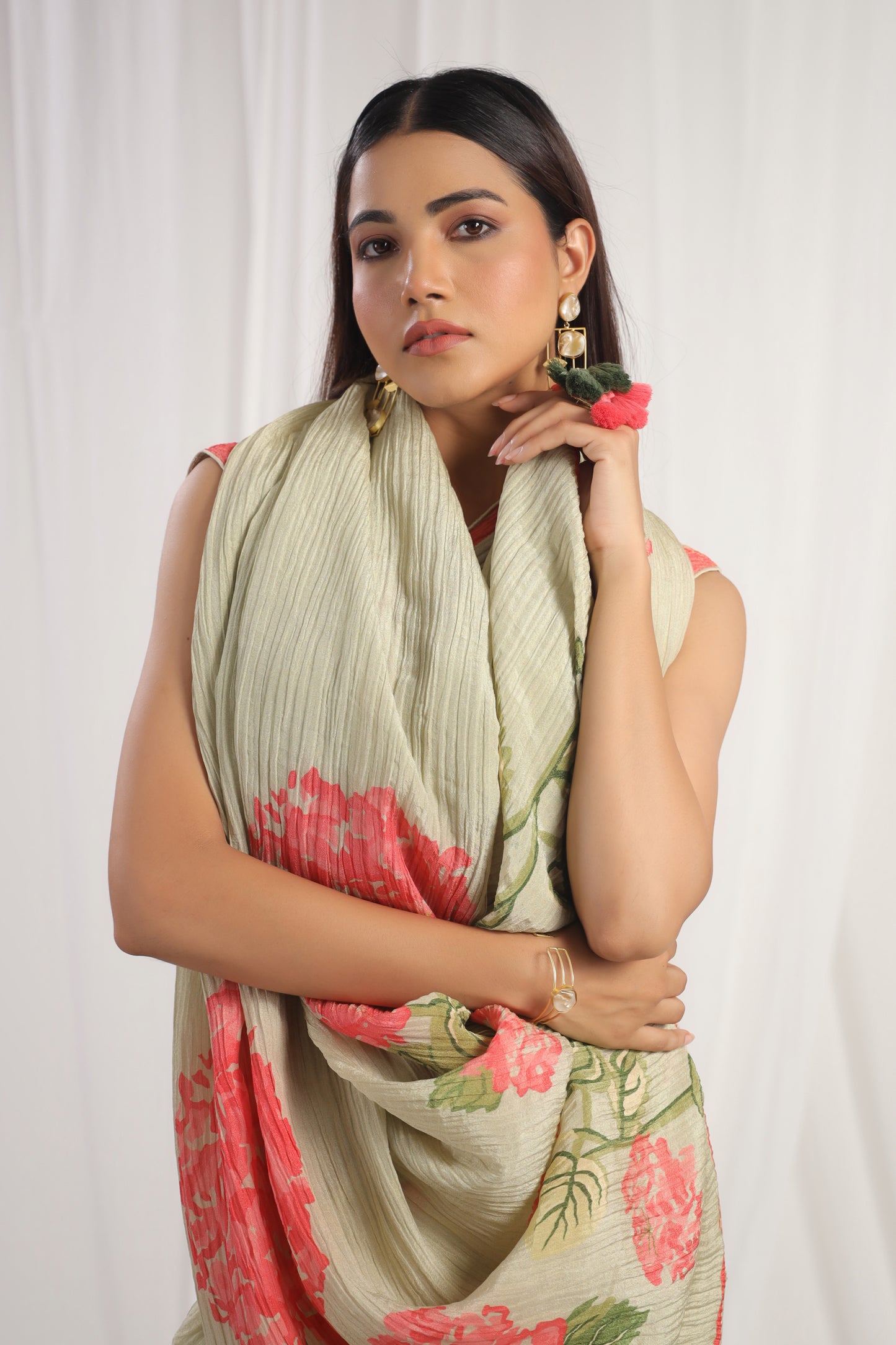 Pastel Olive Green Floral printed Saree