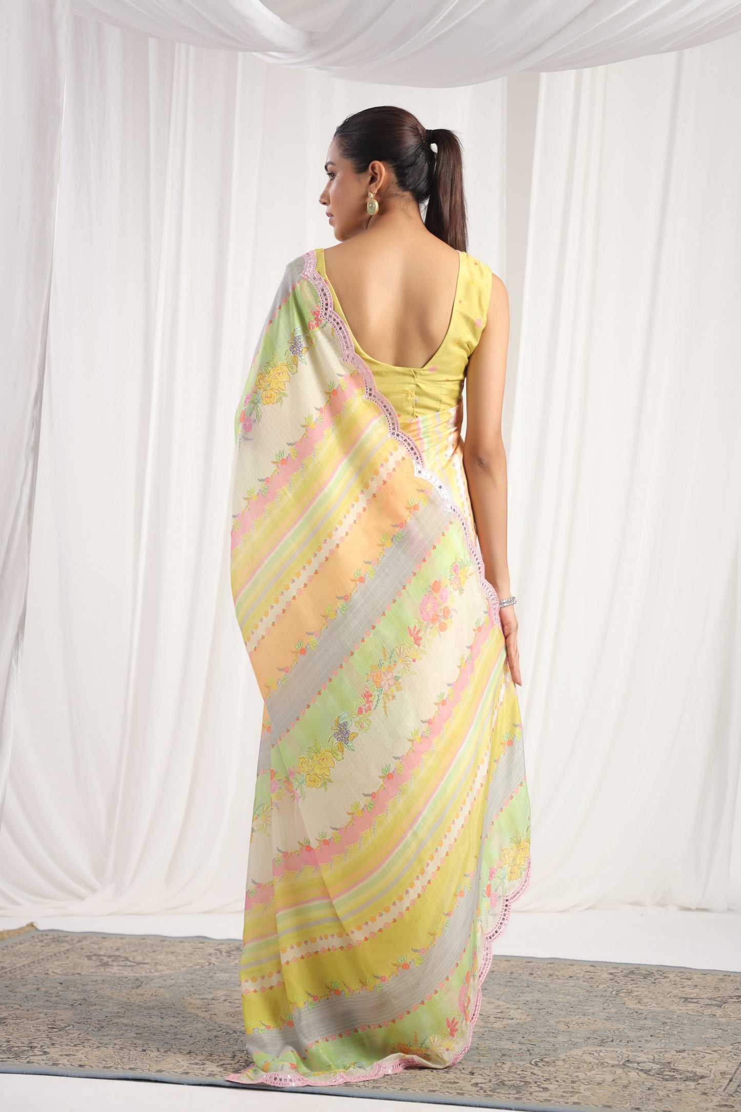 Multicolour Lime Green & cream printed saree