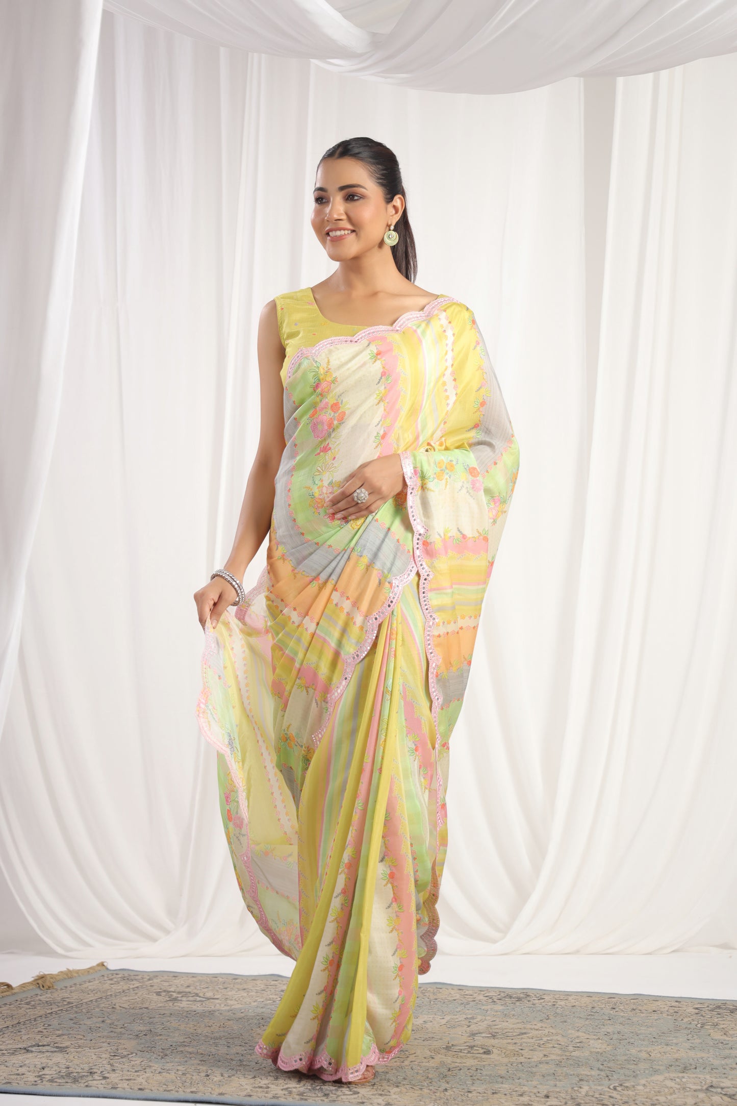 Multicolour Lime Green & cream printed saree