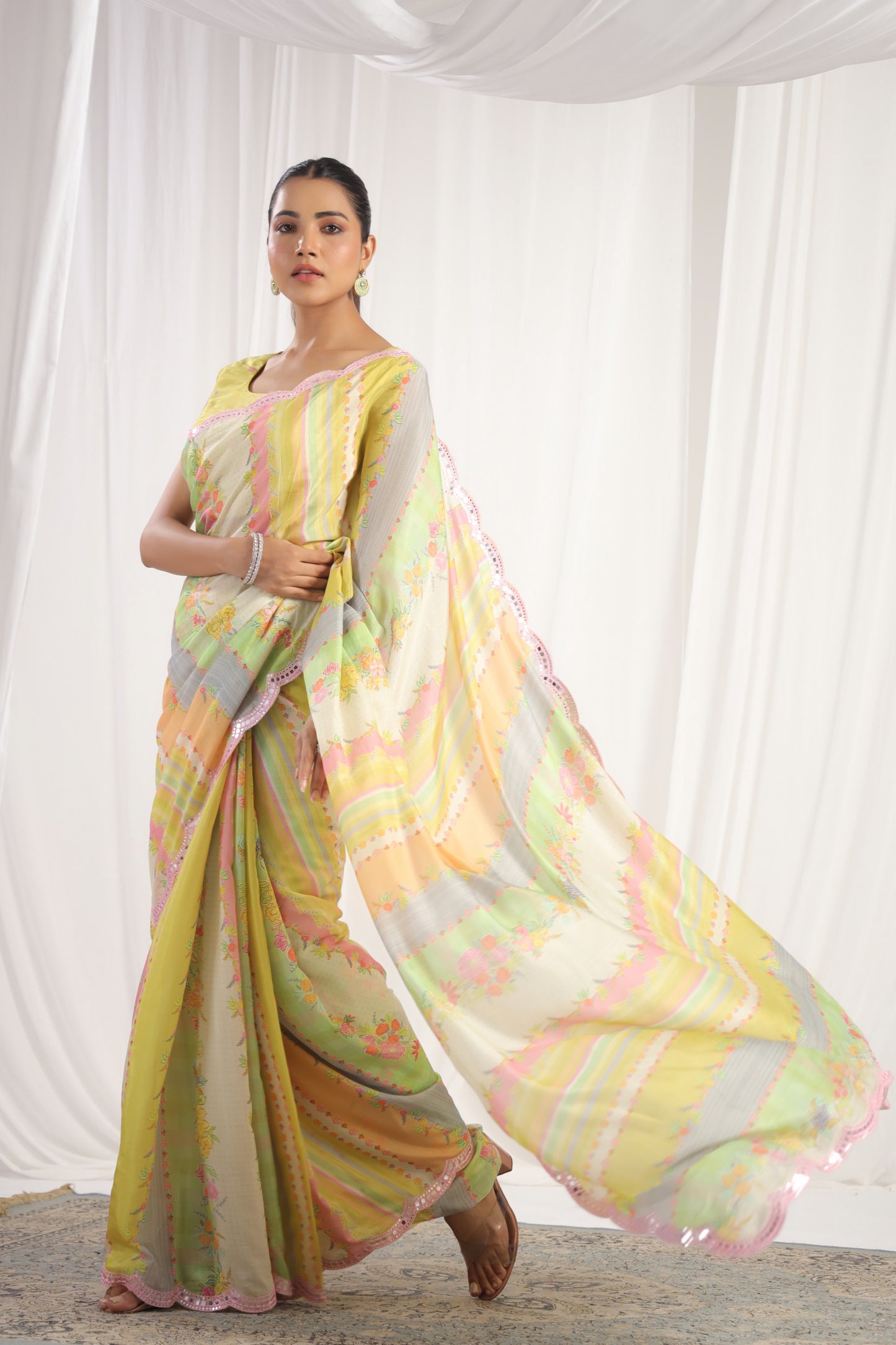Multicolour Lime Green & cream printed saree