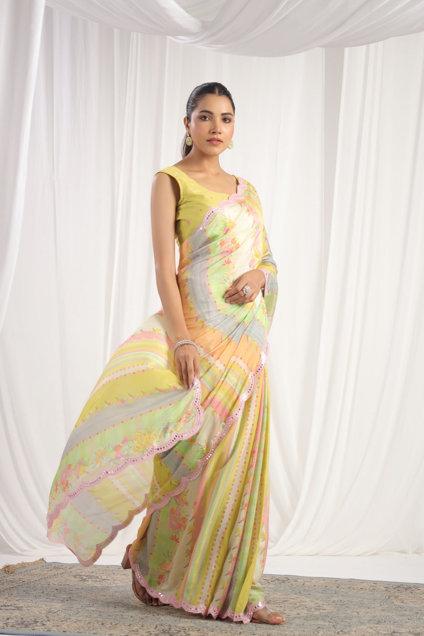 Multicolour Lime Green & cream printed saree