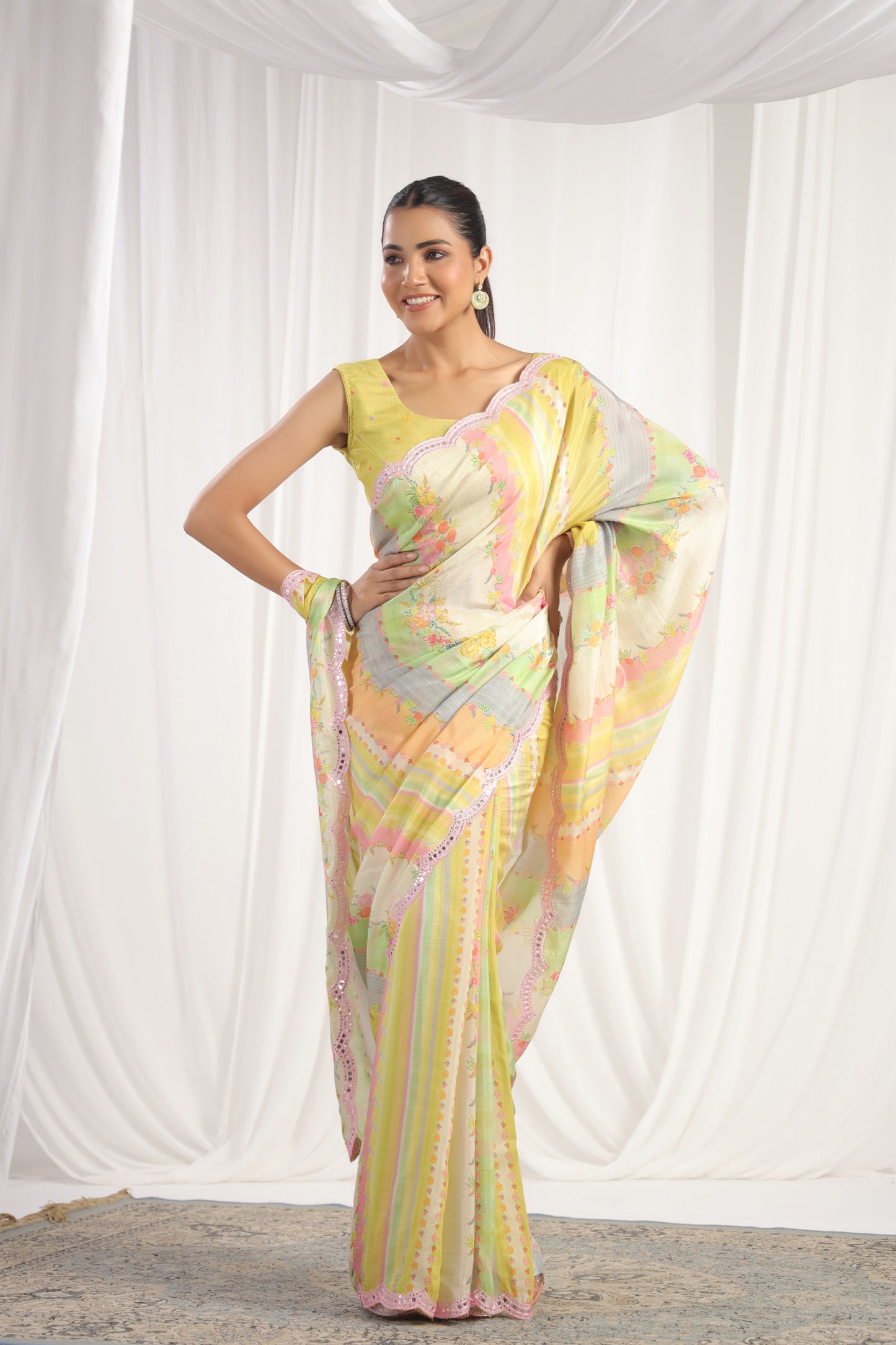Multicolour Lime Green & cream printed saree
