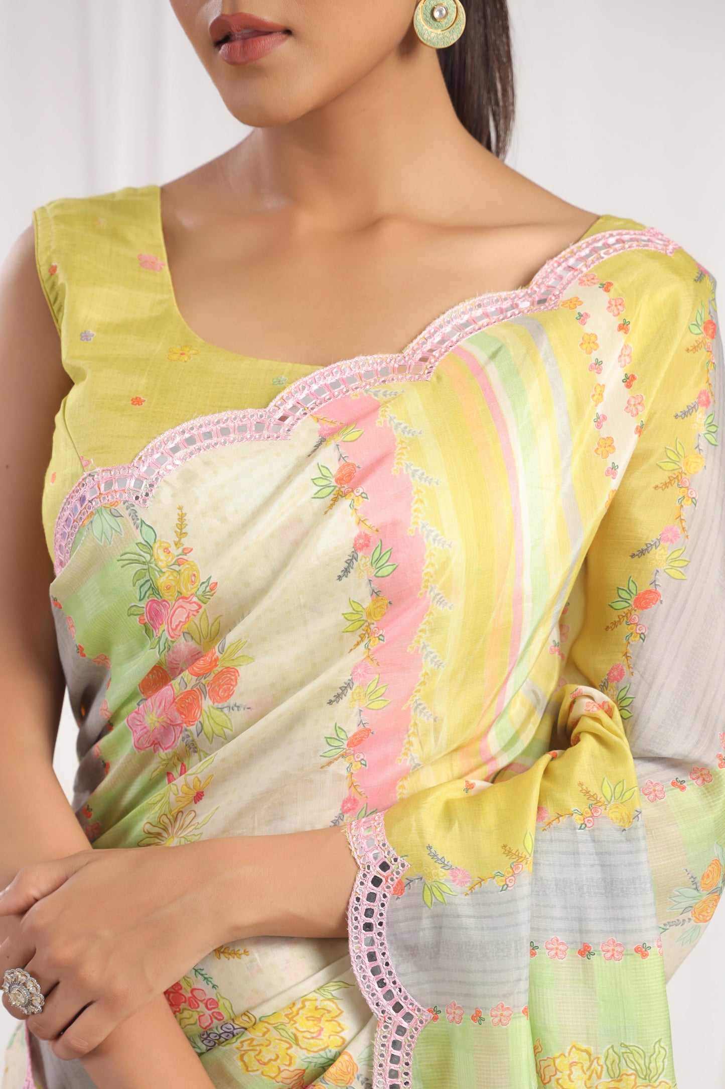 Multicolour Lime Green & cream printed saree