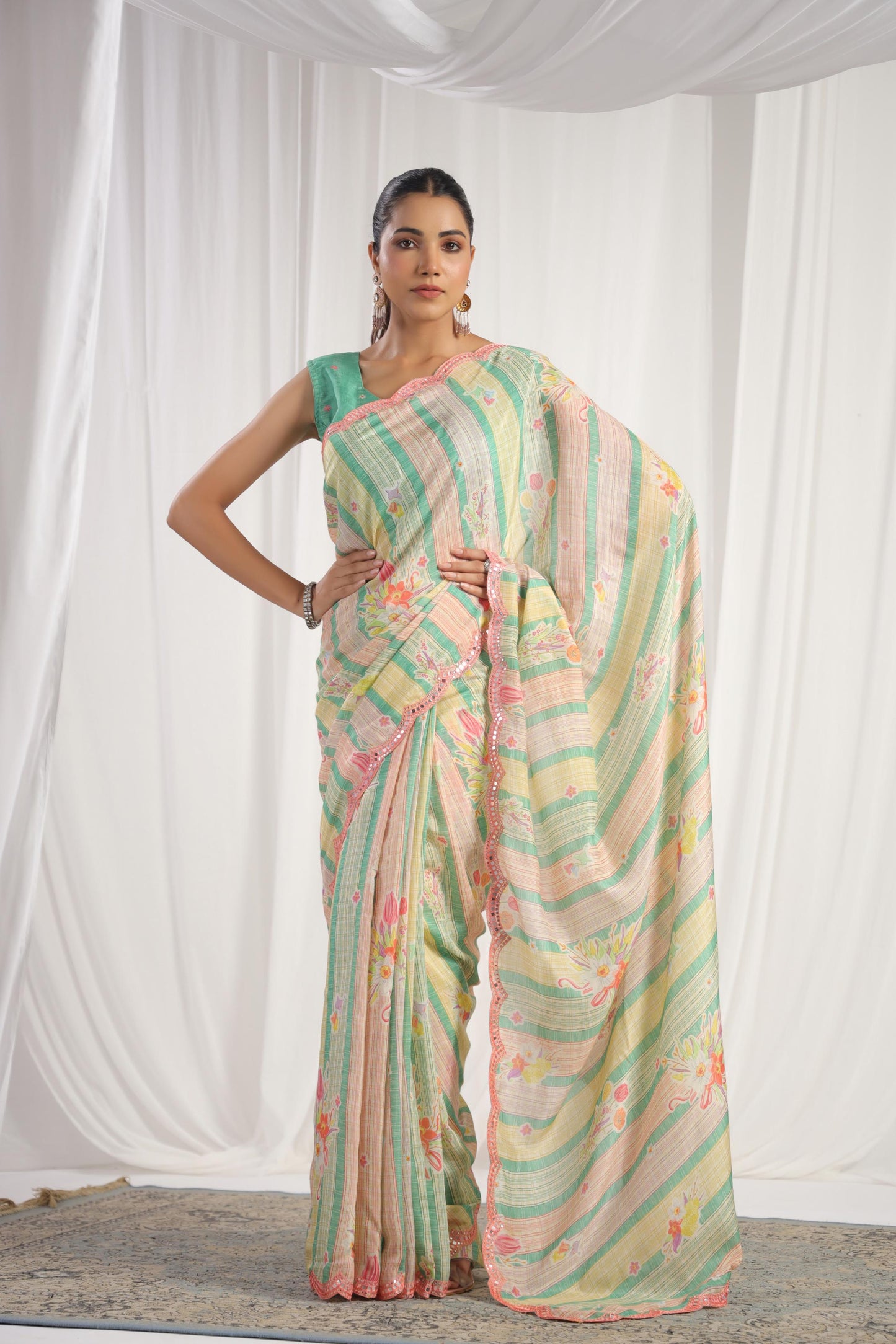 Multicolour green & cream printed saree