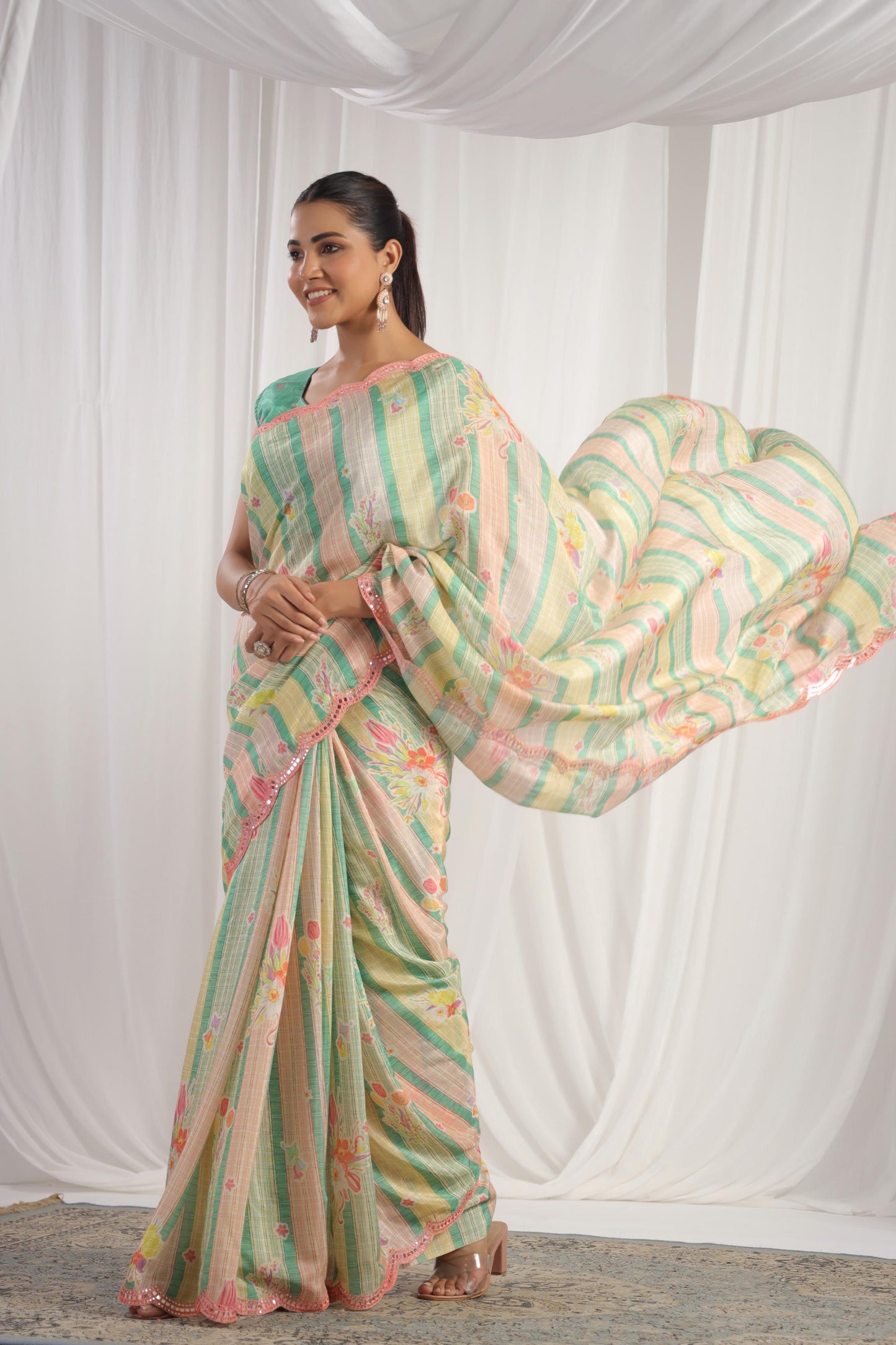 Multicolour green & cream printed saree
