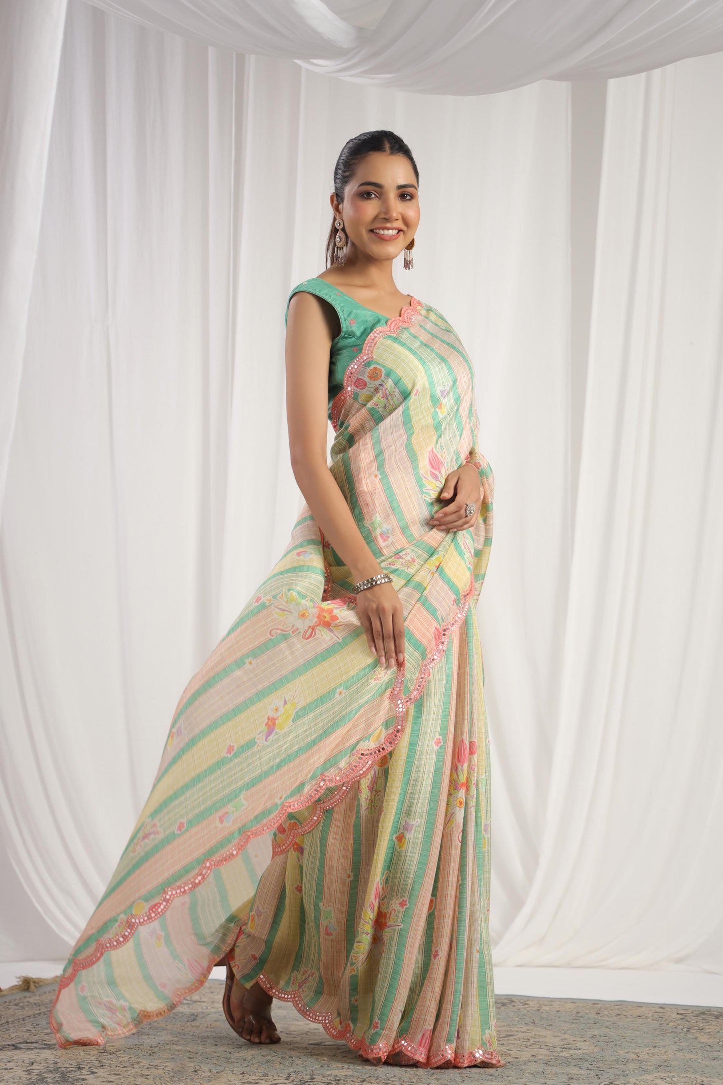 Multicolour green & cream printed saree