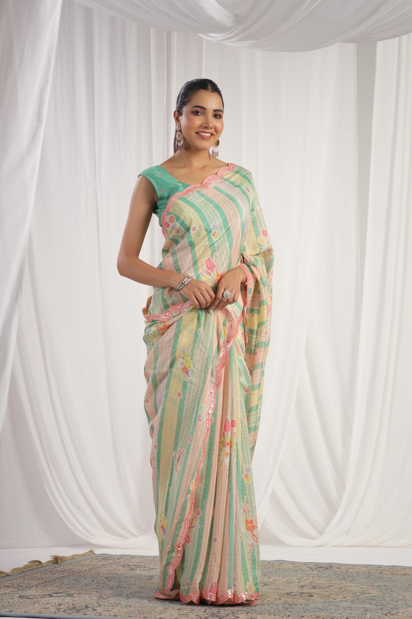 Multicolour green & cream printed saree