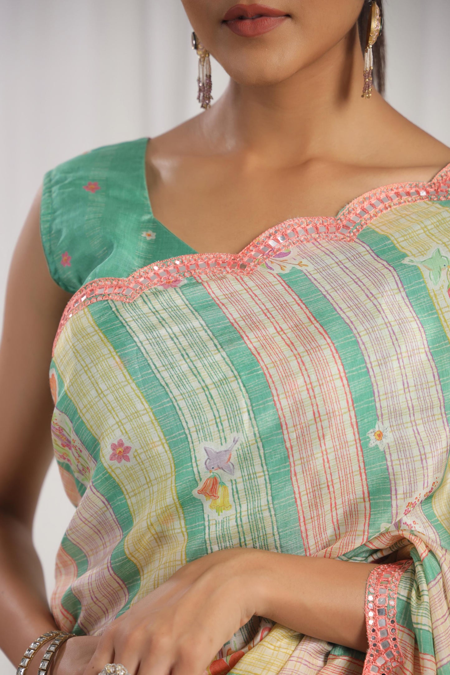 Multicolour green & cream printed saree