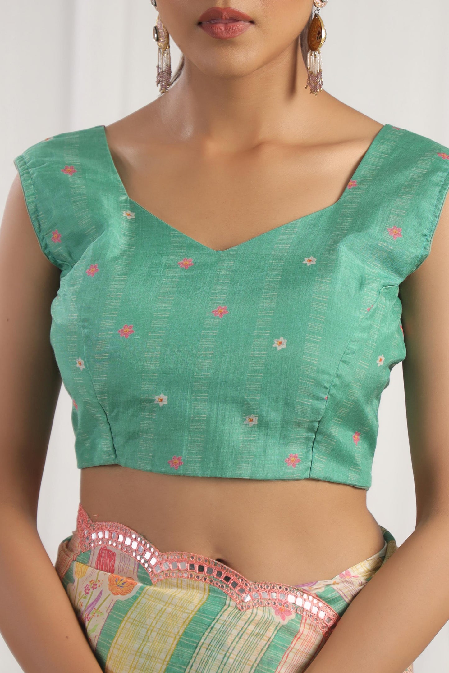Multicolour green & cream printed saree