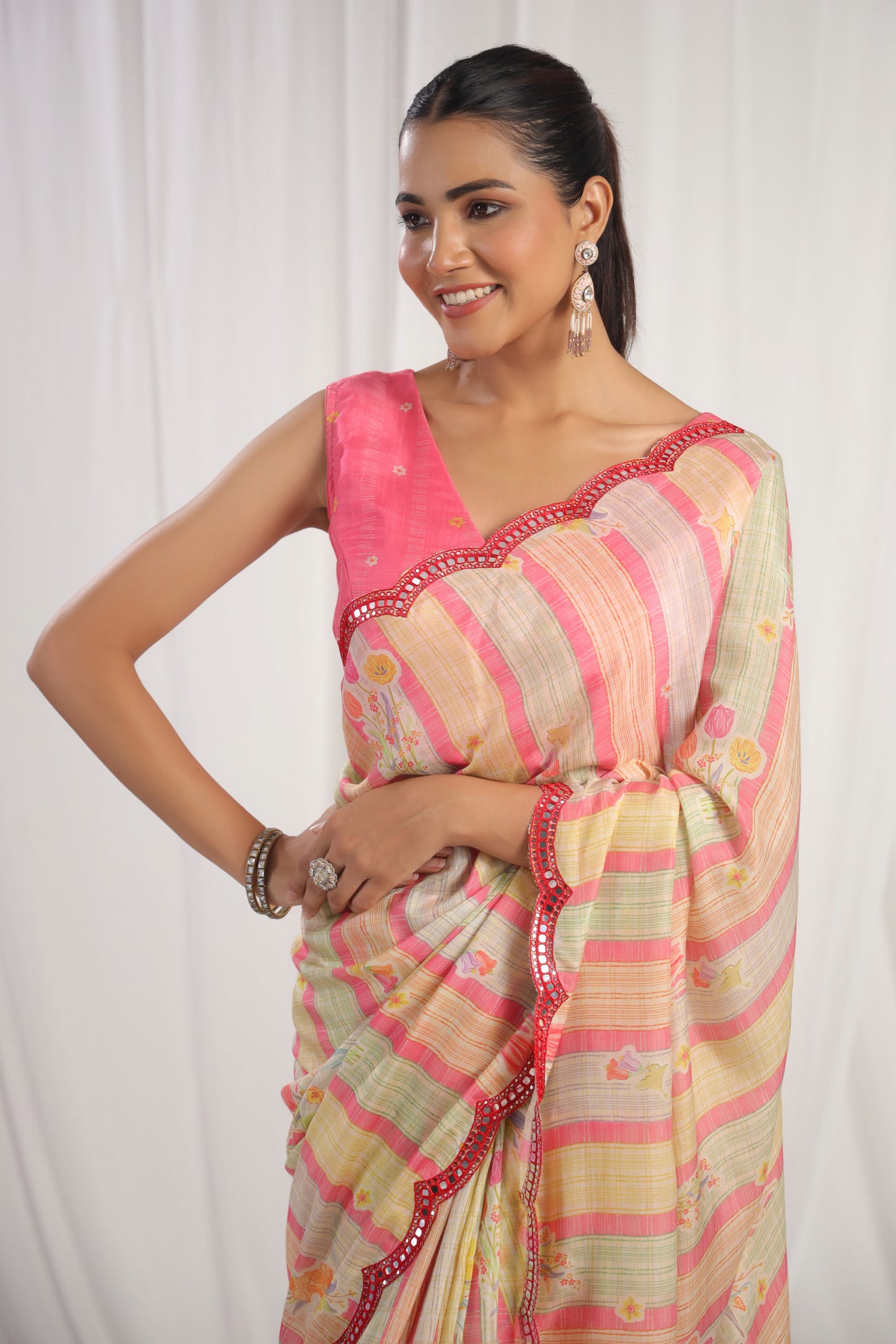 Multicolour Pink digital printed Saree