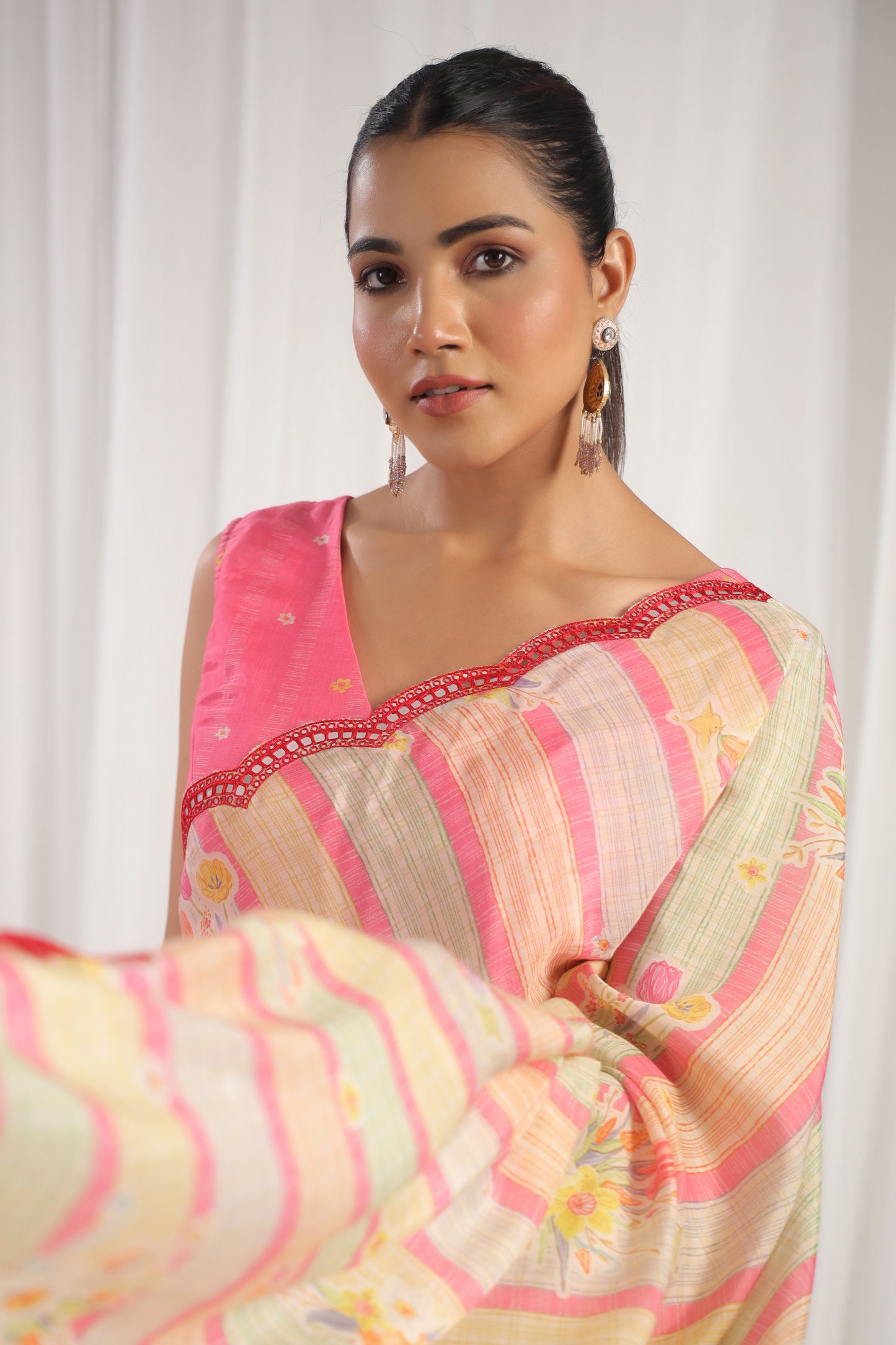 Multicolour Pink digital printed Saree