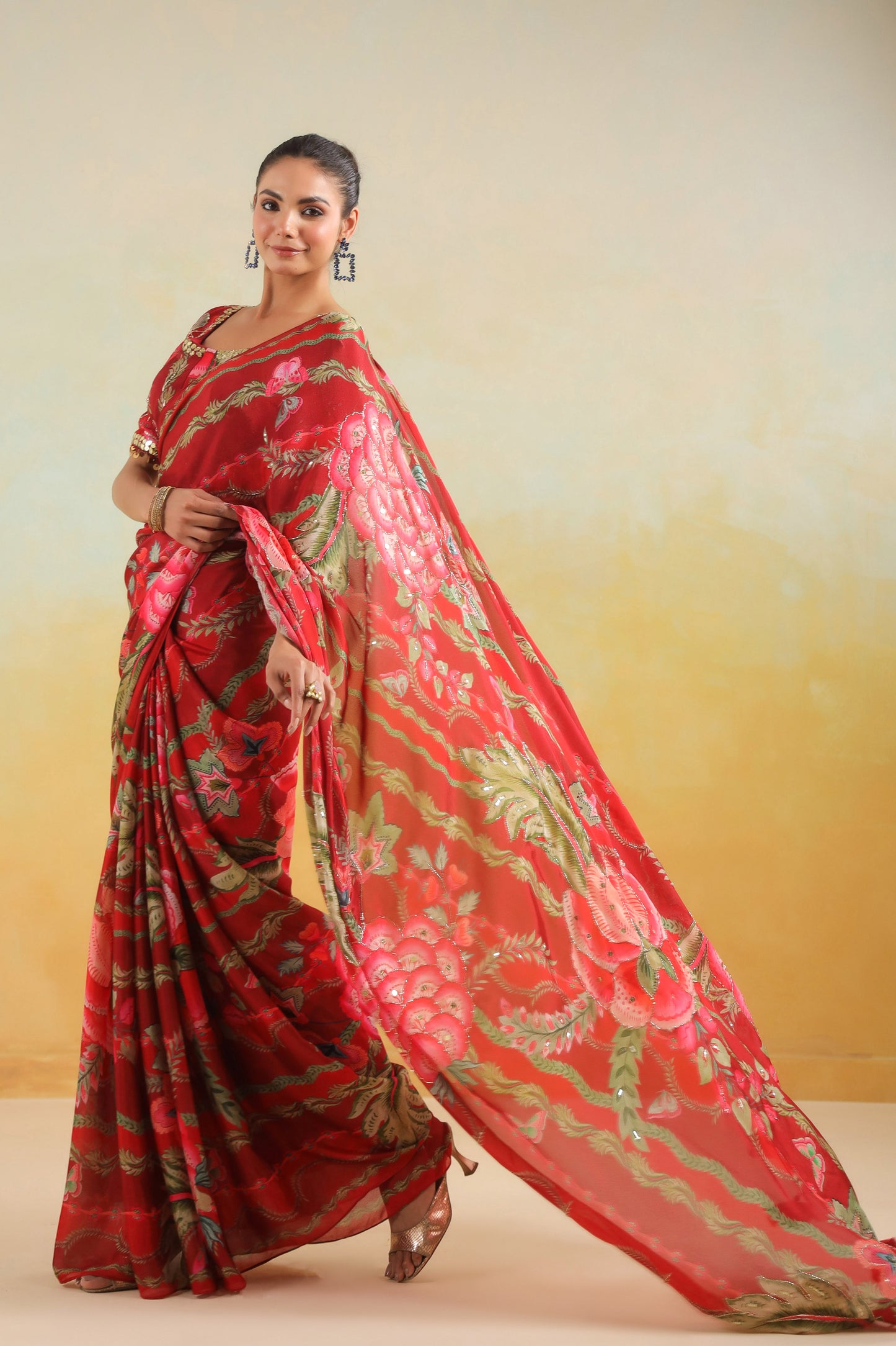 Scarlet Red Floral printed Saree