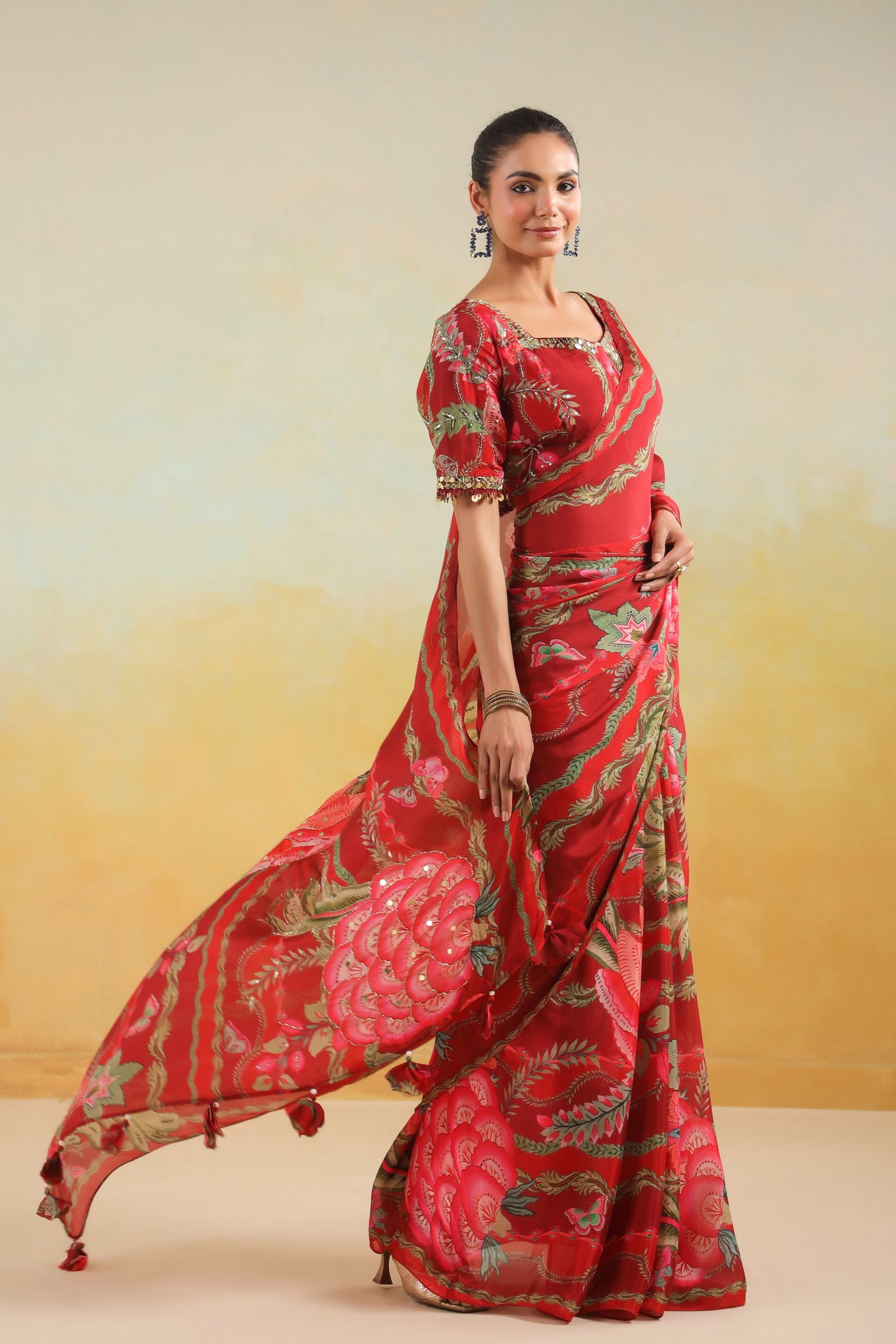 Scarlet Red Floral printed Saree